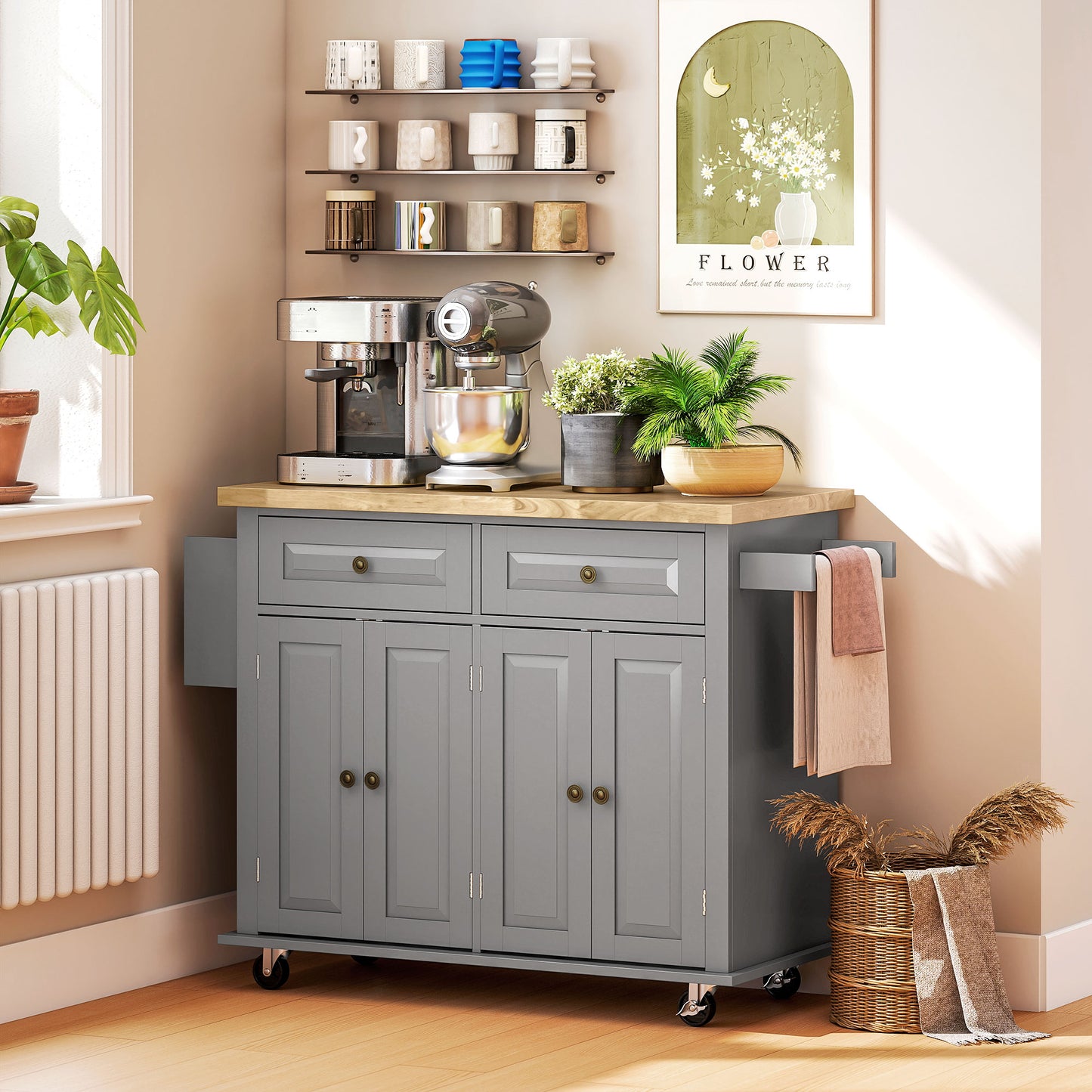 Kitchen Island with Storage, Rolling Trolley Cart with Rubber Wood Top, Spice Rack, Towel Rack, 2 Locking Brakes, Grey