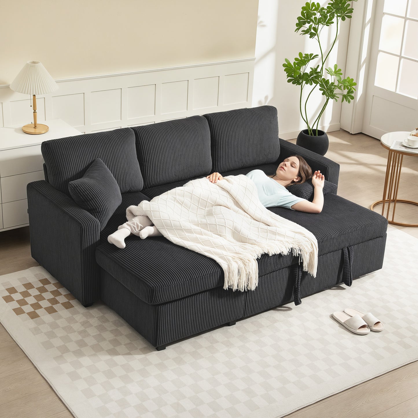 81" Pull-Out Corduroy Sofa Bed with Storage - Dark Grey