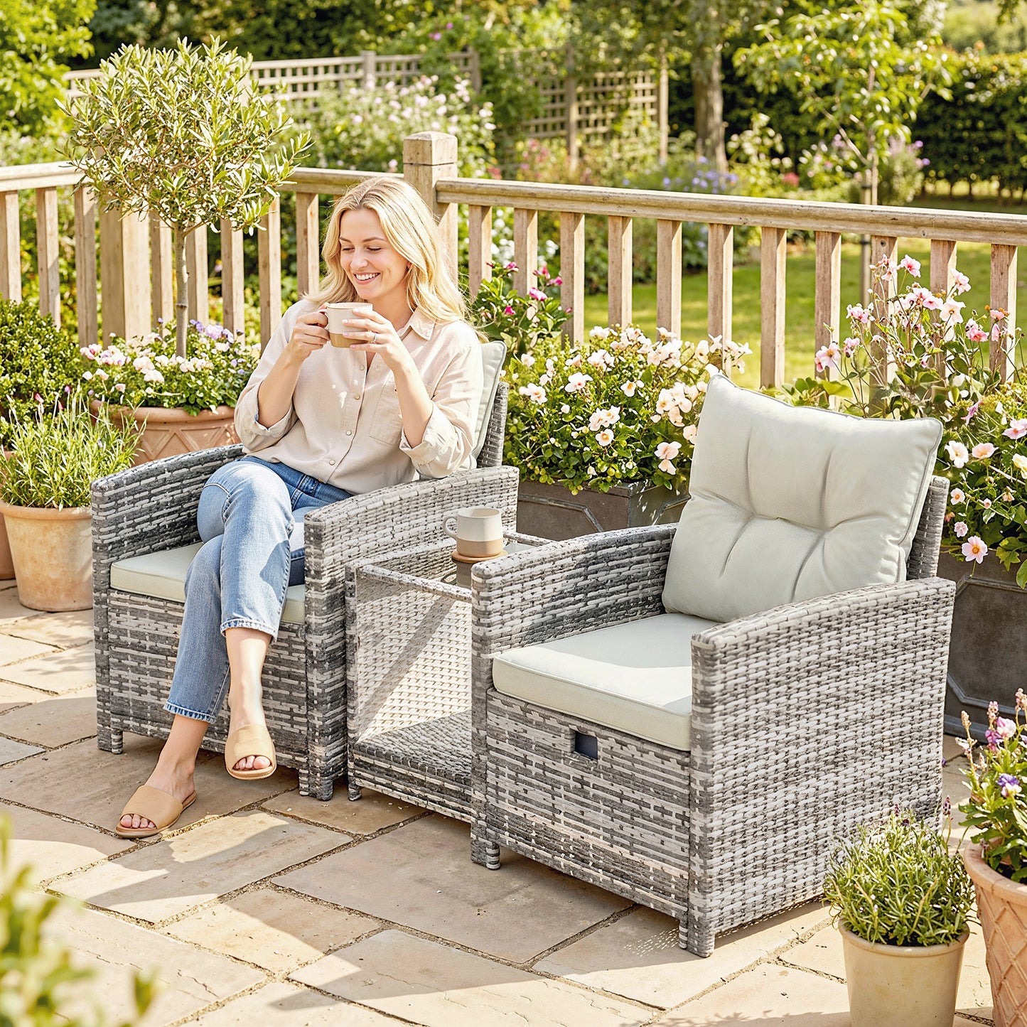 5 Piece Patio Furniture Set, Wicker Patio Chairs with Ottomans, 2-Tier Glass Coffee Table and Cushions, Grey/Cream White
