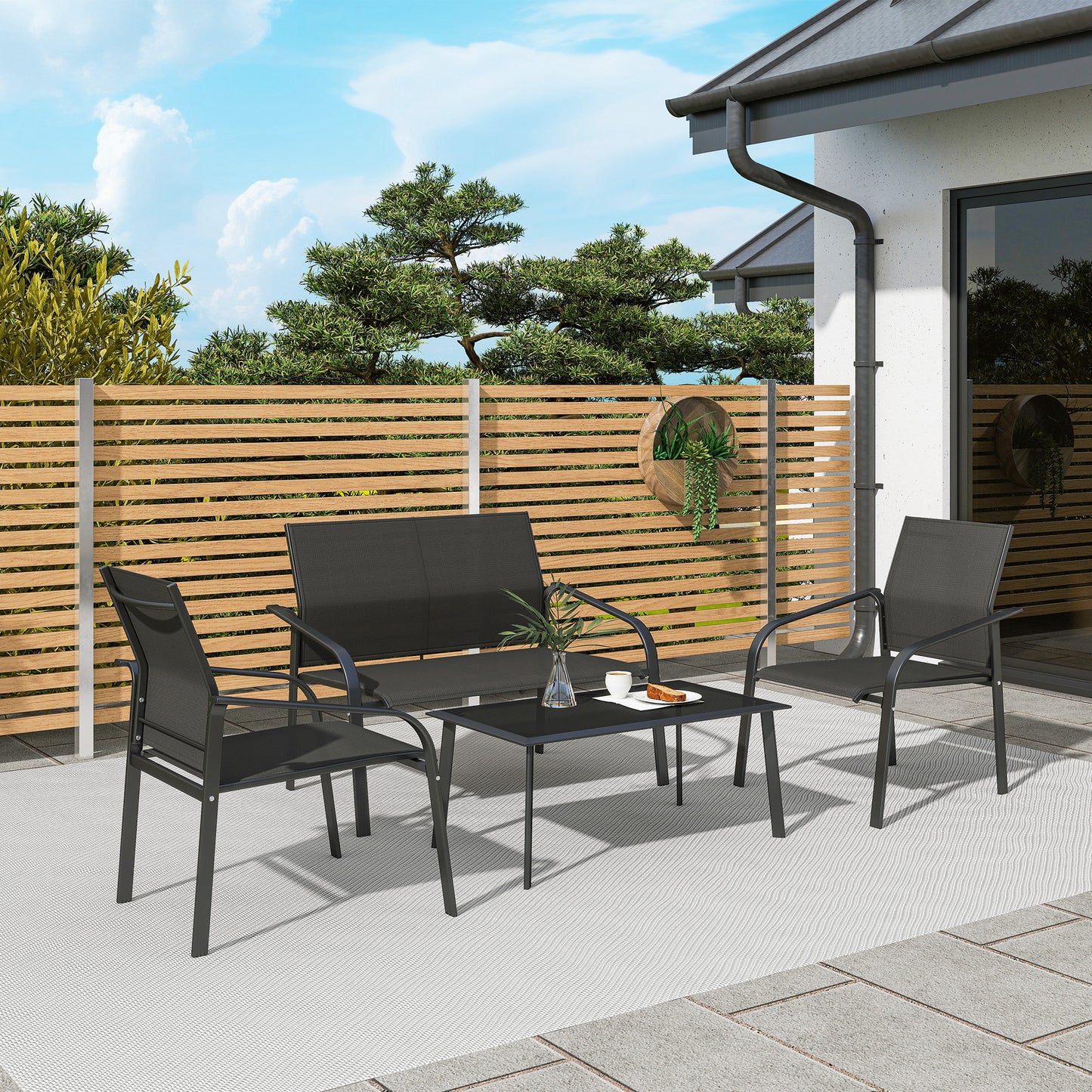 4 Piece Patio Furniture Set, Outdoor Conversation Set with Deep Seat, Loveseats, Armchairs, Glass-Top Table, Black