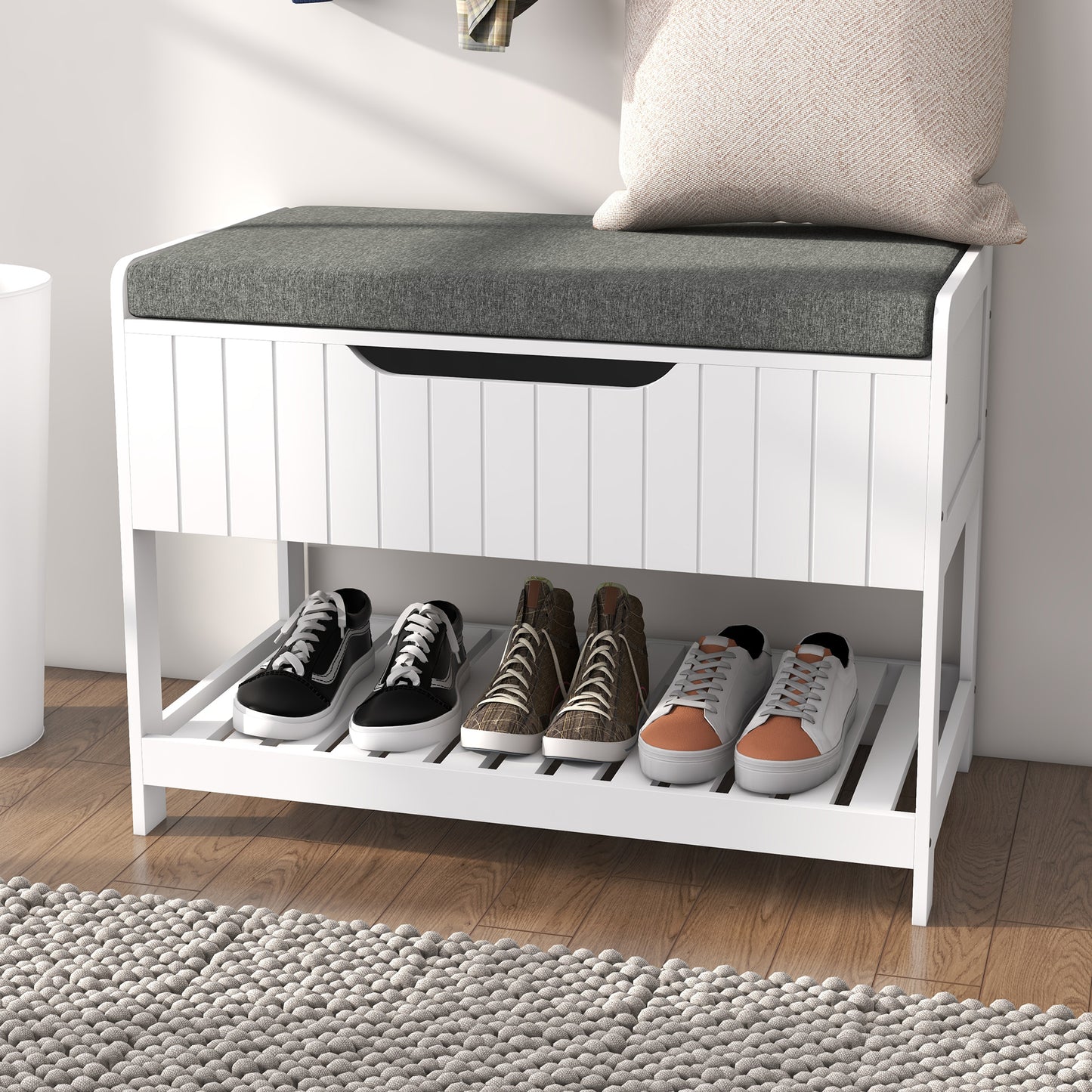 Wall Mounted Coat Rack with Shoe Storage Bench, Hall Tree and Bench, Clothes Hanger Rack with Shelves for Hallway White