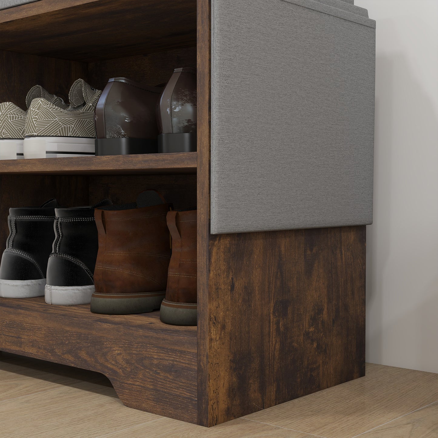Upholstered Shoe Storage Bench w/ Seat, Entrance Bench w/ Drawer Open Shelves and Pocket for Hallway, Rustic Brown