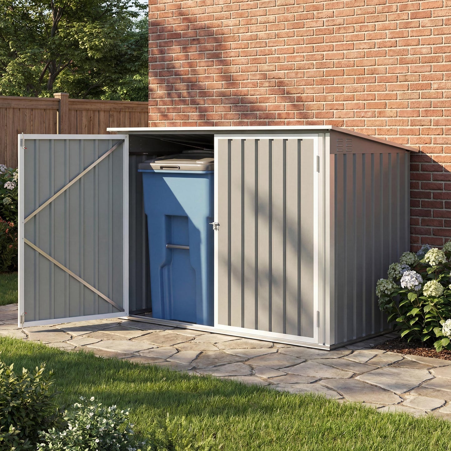 Outdoor Metal Storage Shed Garden Garbage Can Organizer with Double Door and Vents for 2 Trash Cans, Light Grey