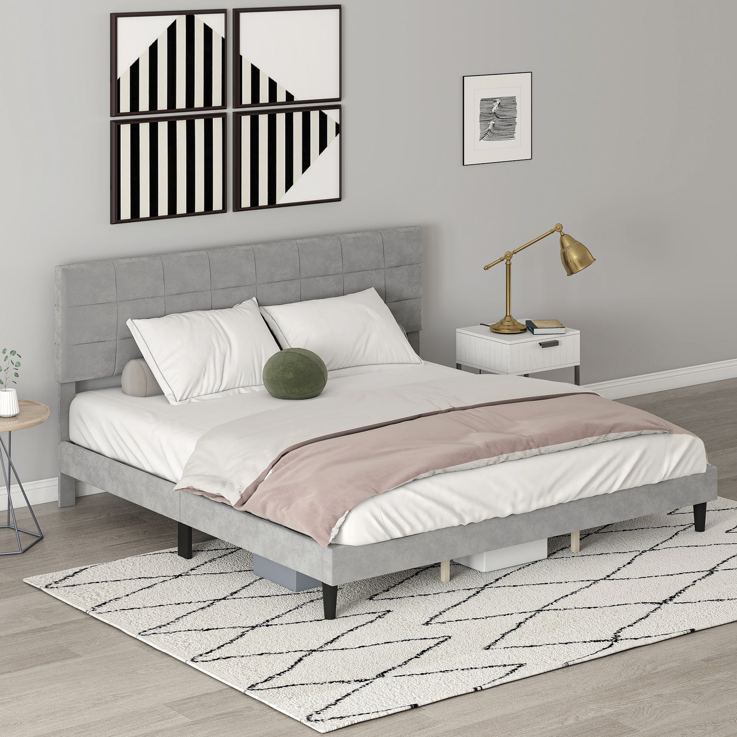 King Size Bed Frame with Upholstered Headboard, Modern Platform Bed Frame with Wood Slats, 1100 lbs Capacity, Grey