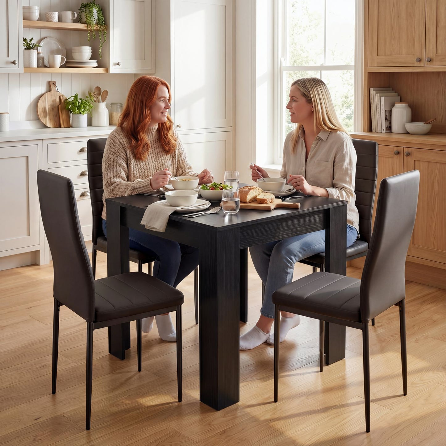 Dining Table Set for 2, Square Kitchen Table and Chairs, Dining Room Table and PU Leather Upholstered Chairs, Black