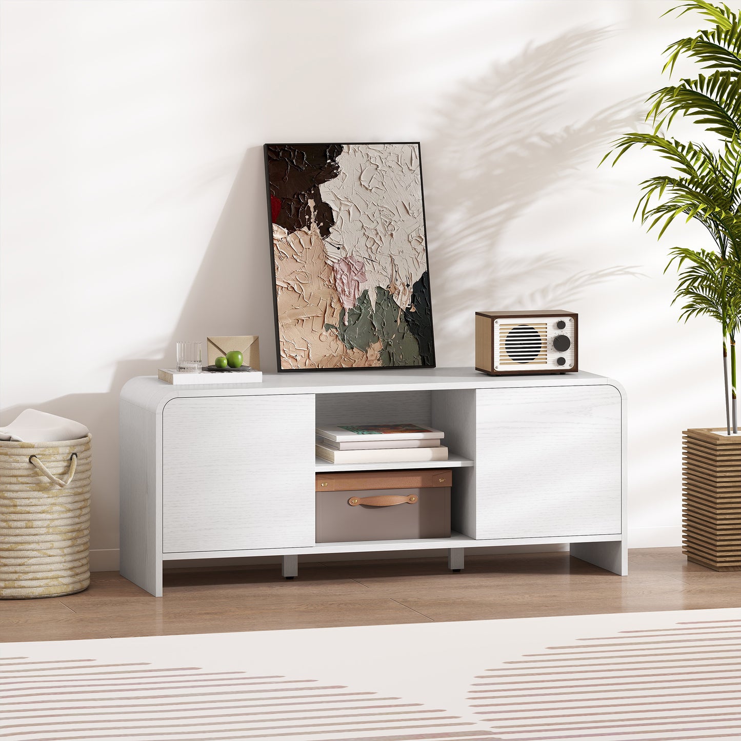 TV Stand for up to 55 Inch TV, Nordic Entertainment Center with 2 Cabinets and 2 Open Shelves for Living Room, White