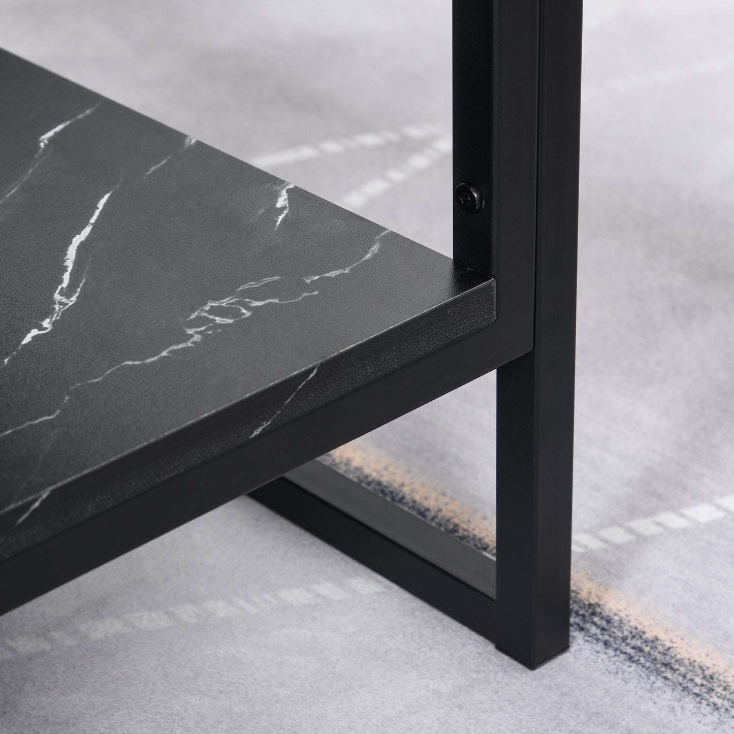2-Tier Coffee Table with Storage Shelf, Cocktail Table with Marble Textured Table Top, for Living Room Bedroom Dorm, Black