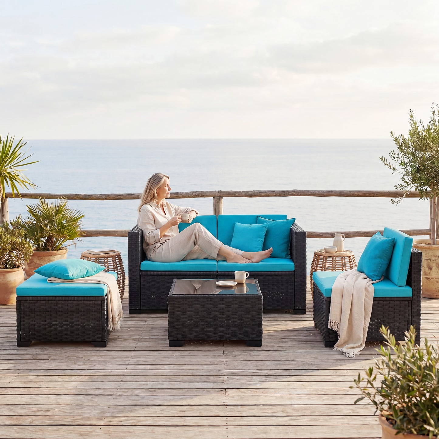 5 Piece Patio Furniture Set, L-Shape Wicker Outdoor Sectional with 3 Chairs, Ottoman, Glass Table, Cushions, Turquoise