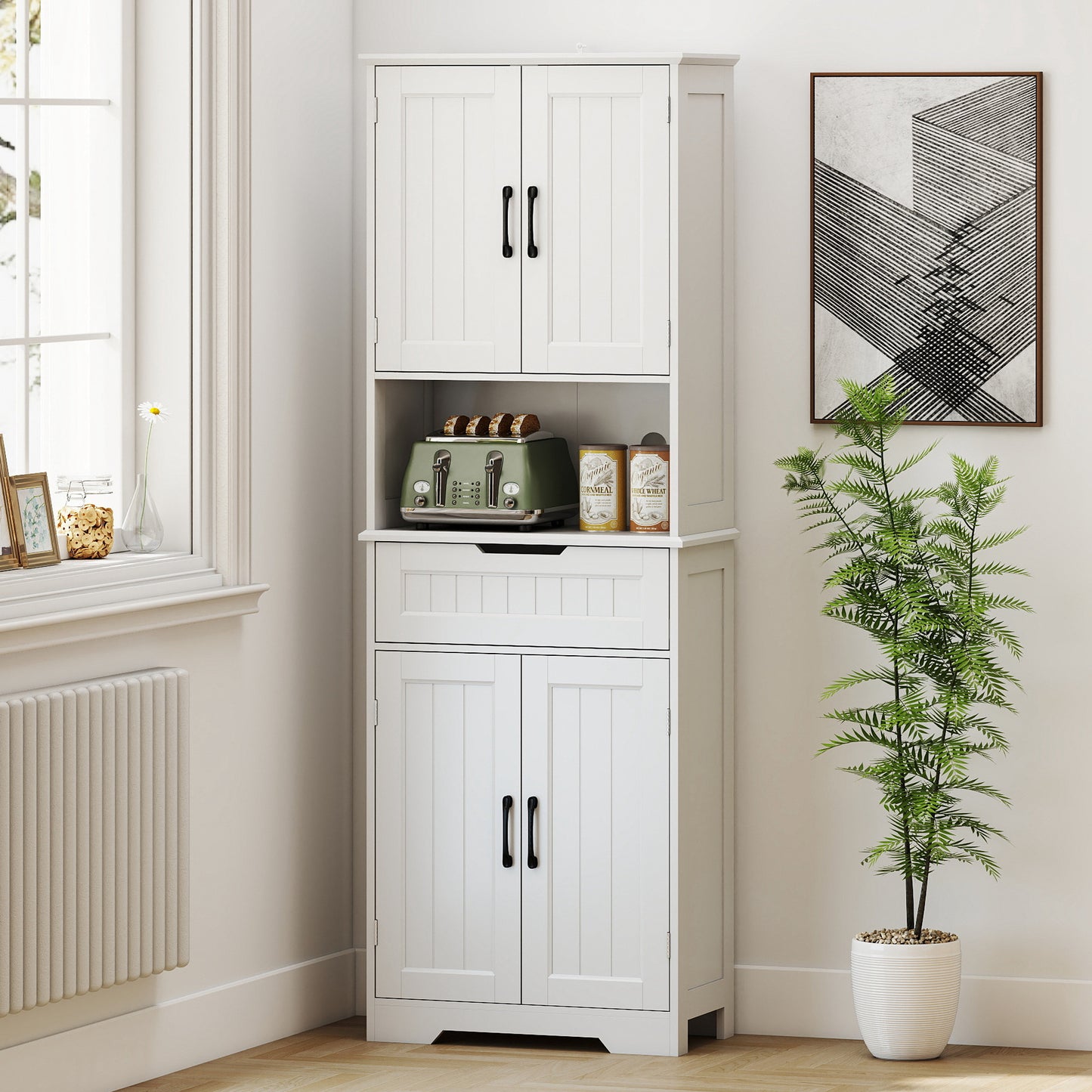 Kitchen Buffet with Hutch, 68" Tall Kitchen Pantry Cabinet with Small Open Counter, 4 Doors, Drawer, White