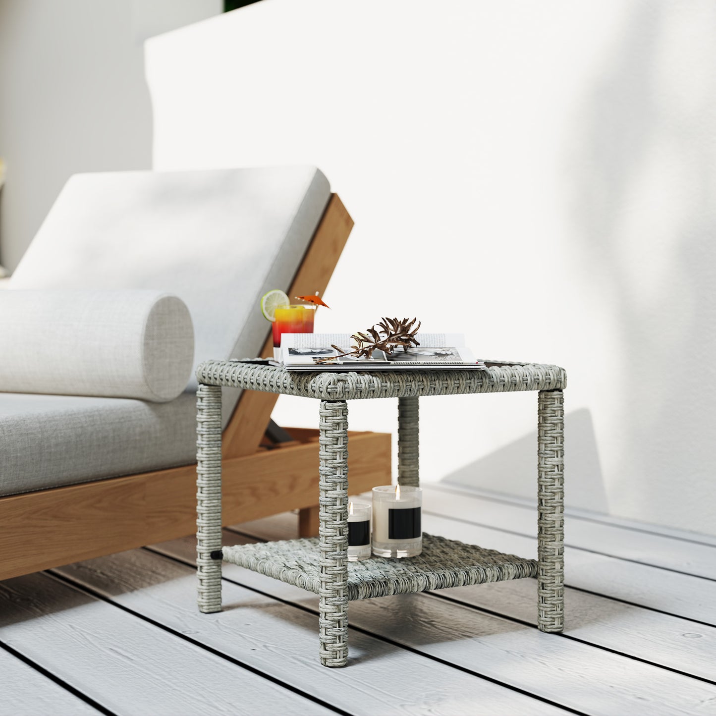 19" Outdoor Wicker Coffee Table with Glass Top, Storage Shelf for Garden Porch Balcony Deck, Dark Grey