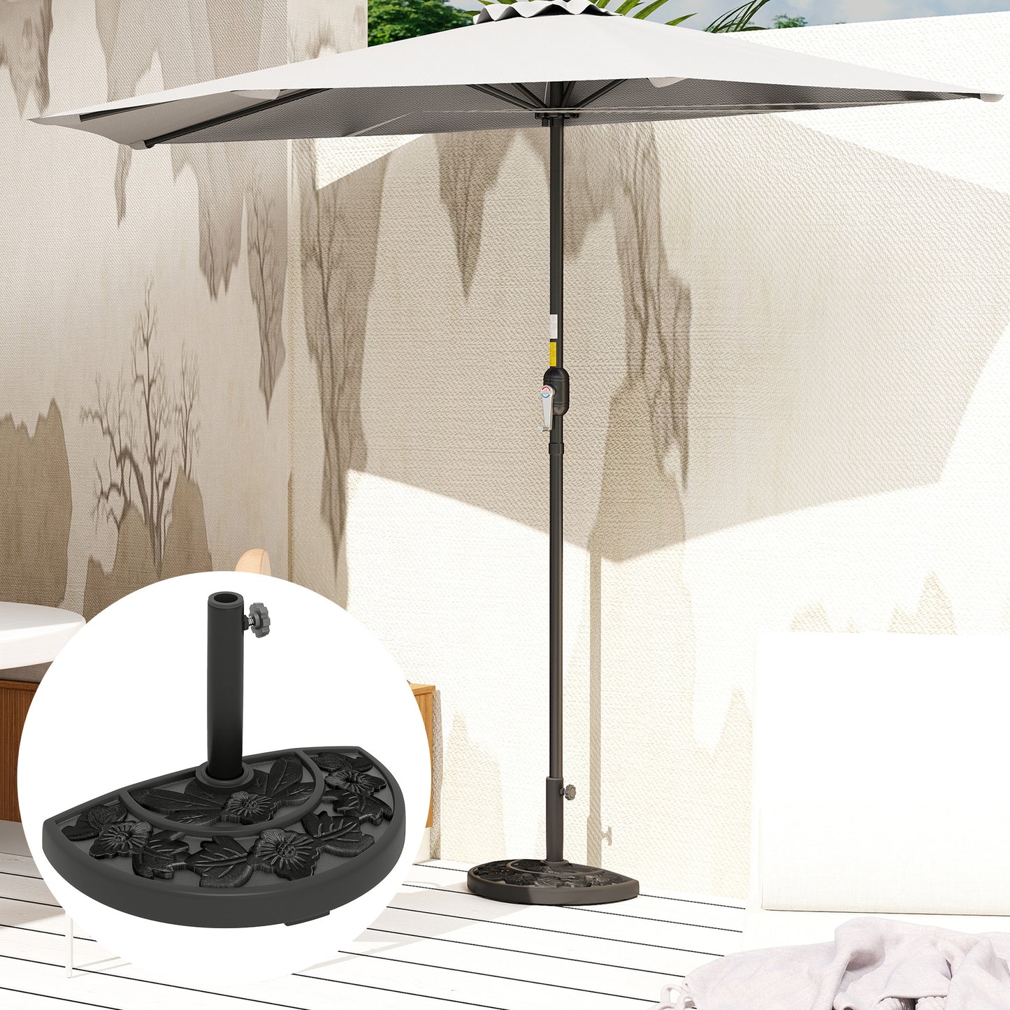 21 lbs Resin Half Umbrella Base, Concrete Half Umbrella Stand Outdoor Umbrella Base with Flower-Leaf Design, Patio Umbrella Stand for Outdoor Lawn Poolside, Black