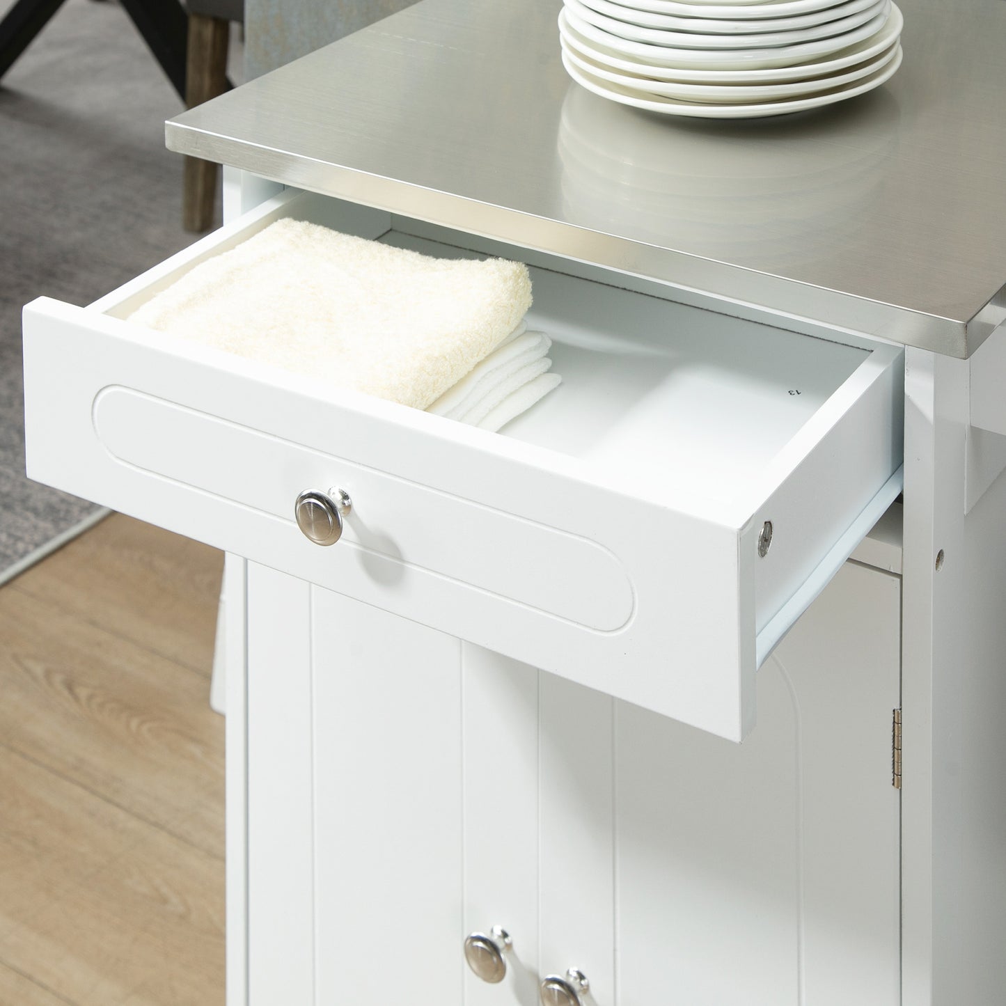 Kitchen Cart, Small Kitchen Island, Stainless Steel Top Utility Trolley on Wheels with Storage Drawer for Dining Room, Kitchen (White)
