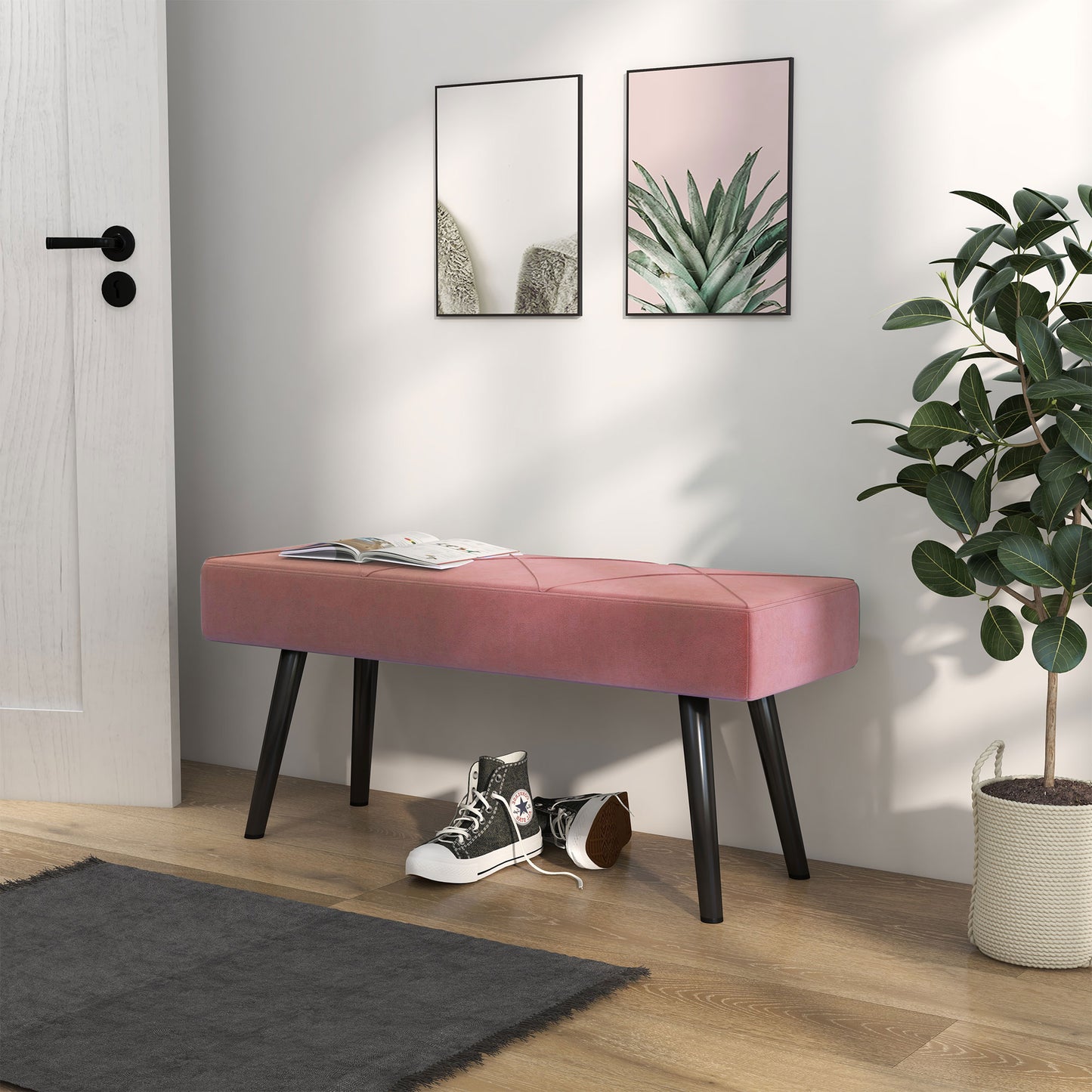 39 Inches Upholstered Bedroom Bench, Modern End of Bed Bench with Steel Legs, Pink