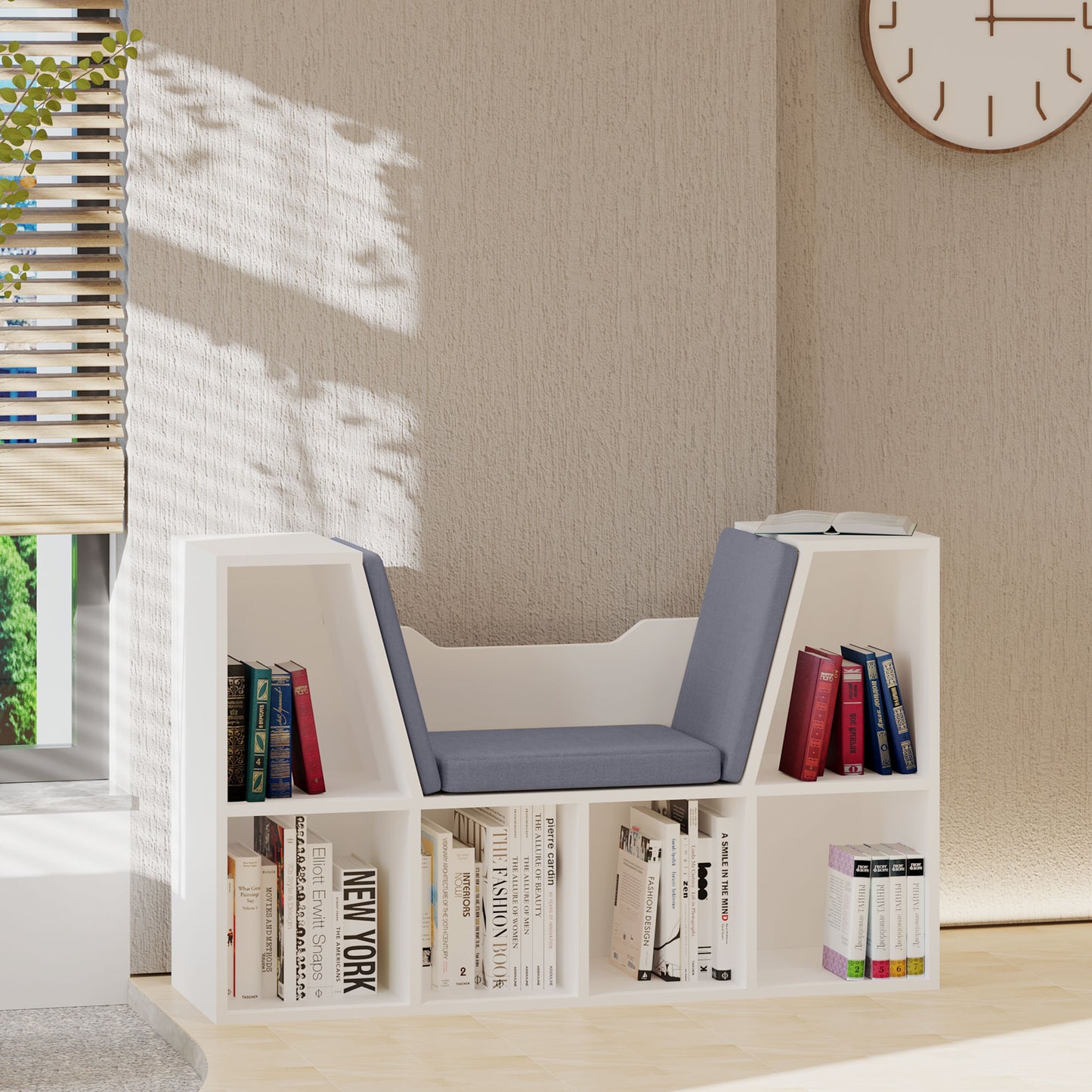 6-Cubby Bookcase with Seat Cushion, Cube Storage Shelf with Reading Nook for Home Office, Study, Grey