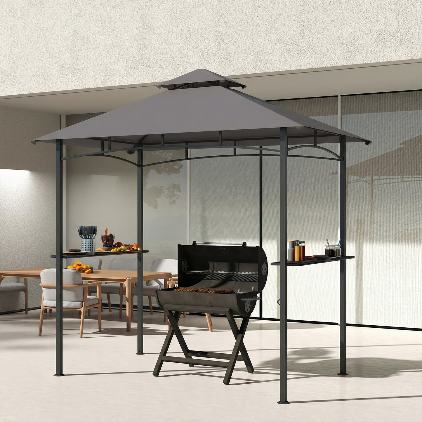 8' x 5' BBQ Grill Gazebo Tent with Double Tiered Canopy for Outdoor Sun Shade, Dark Grey