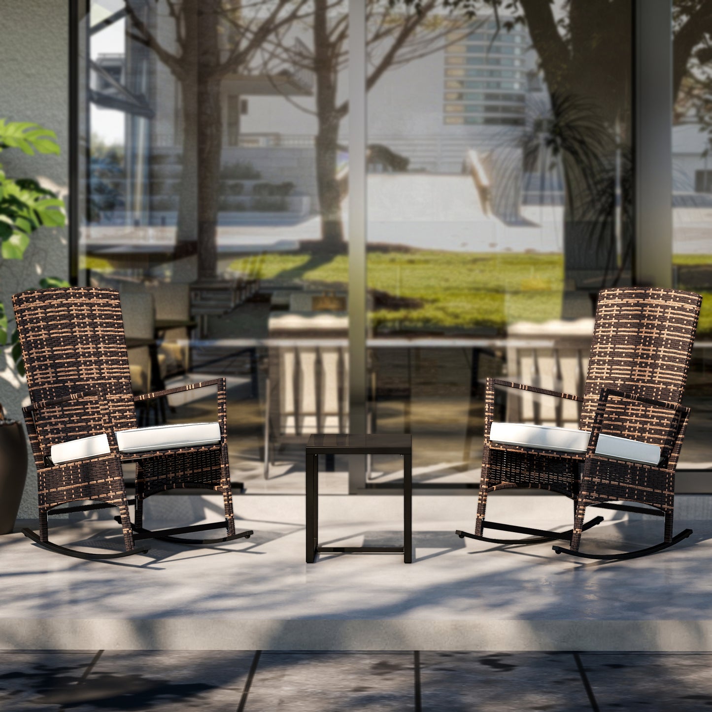 3 Piece Rocking Bistro Set, Wicker Patio Furniture with 3-Level Reclining High Back Rocking Chair and Glass Table, White