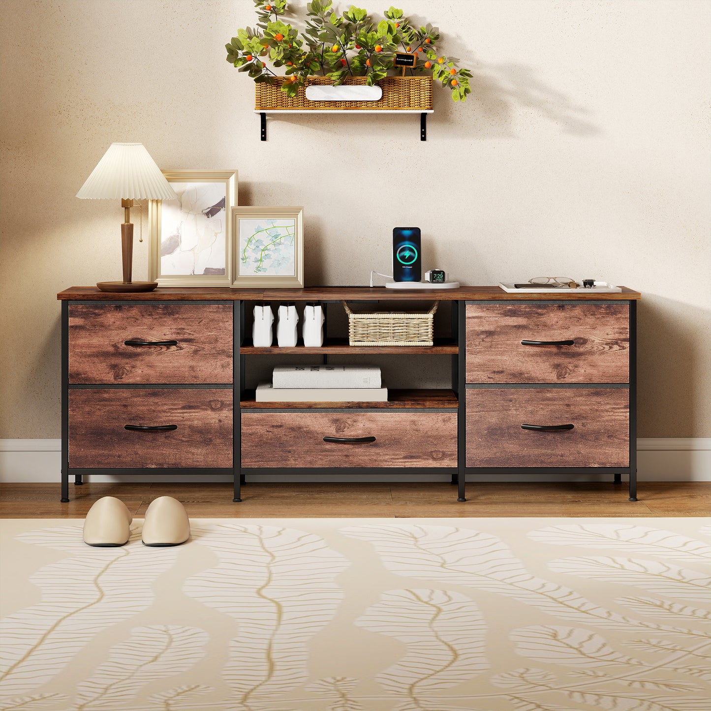 TV Stand for TVs up to 65 Inch, Industrial TV Console with Charging Station, 5 Drawers and Open Shelves, Rustic Brown
