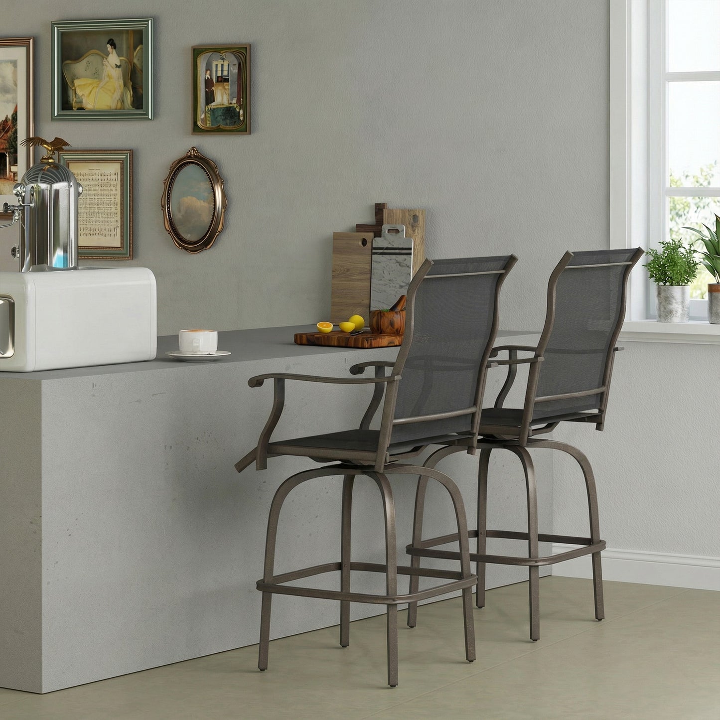 Outdoor Bar Stools Set of 2, Swivel Bar Height Chairs with High Back, Curved Armrests and Steel Frame, Black