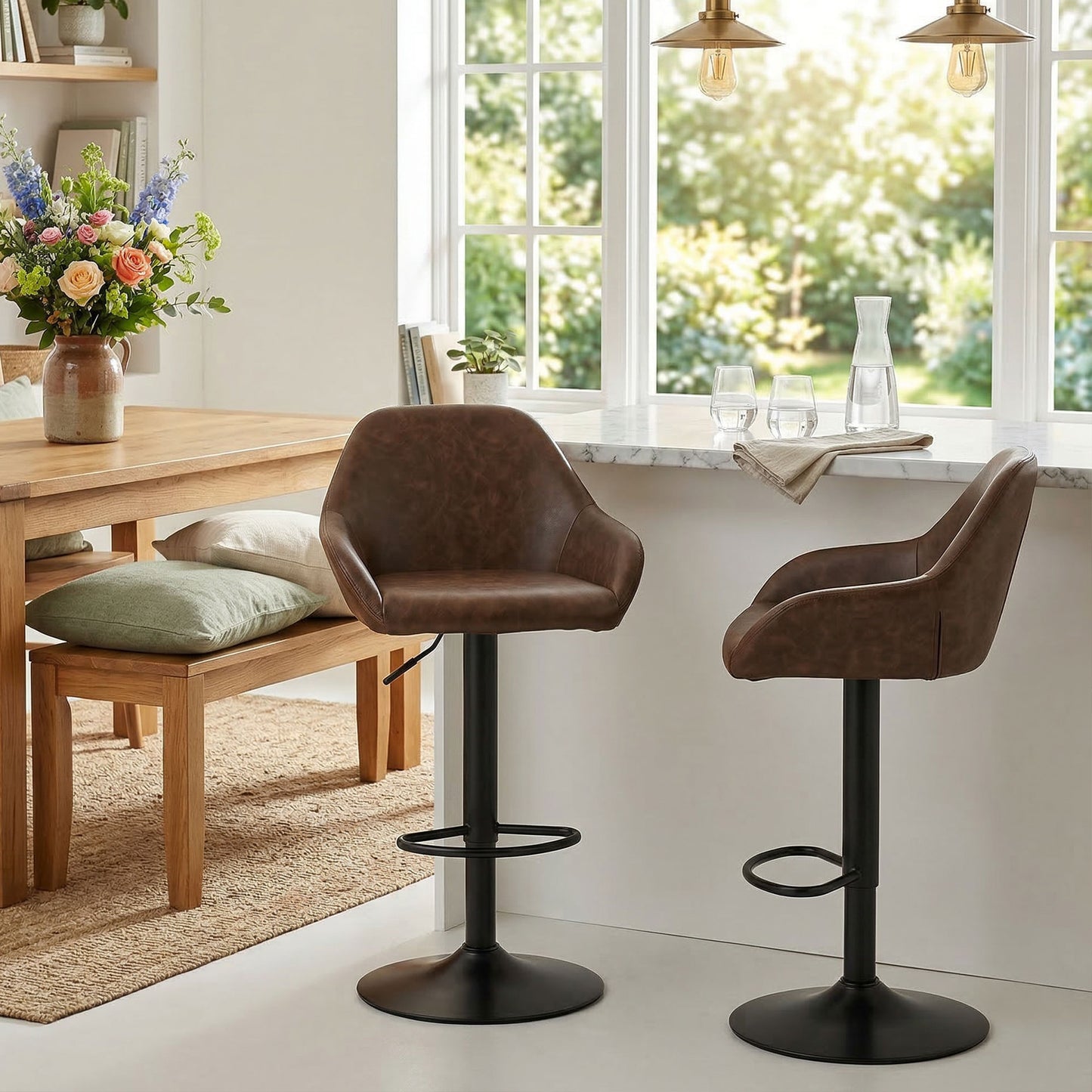 Adjustable Bar Stools Set of 2, Swivel Barstools with Footrest and Back, PU Leather and Steel Round Base, Coffee