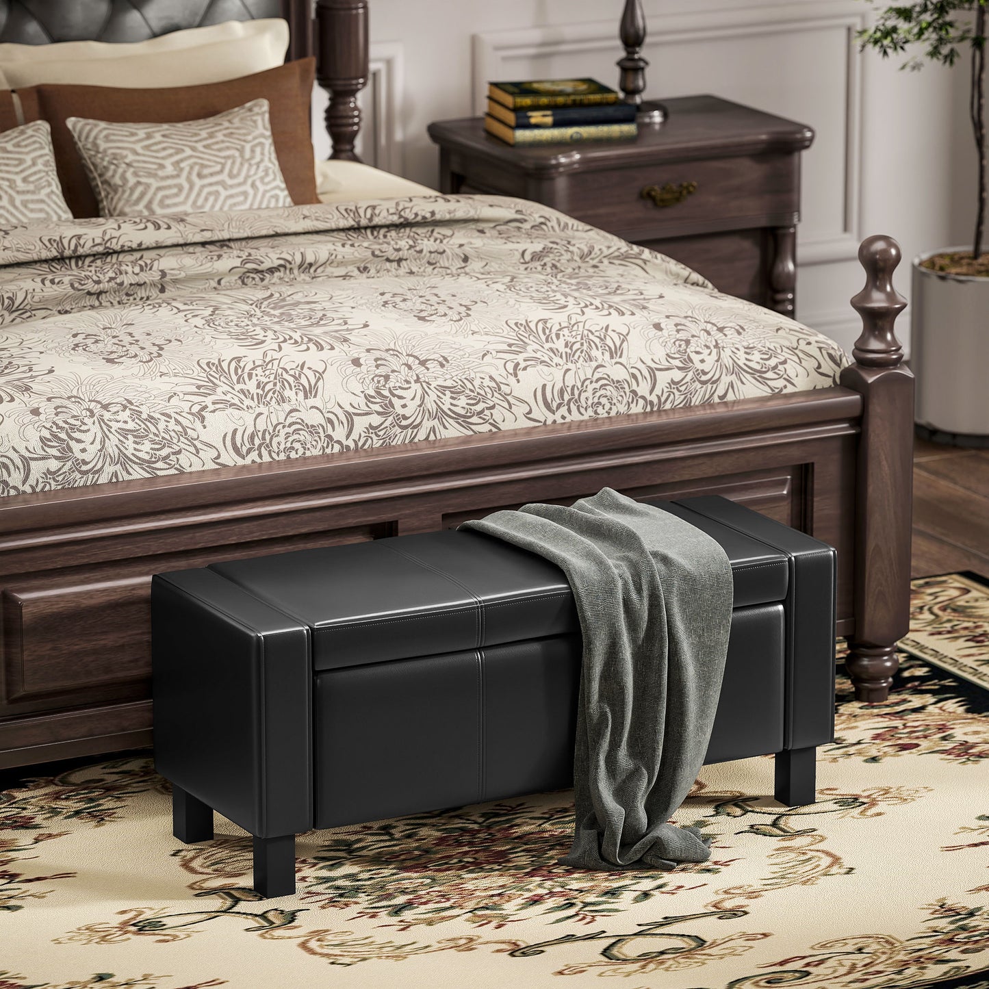 42" Deluxe Faux Leather Padded Storage Ottoman Bench Foot Stool Seat Chair with Organizer, Black