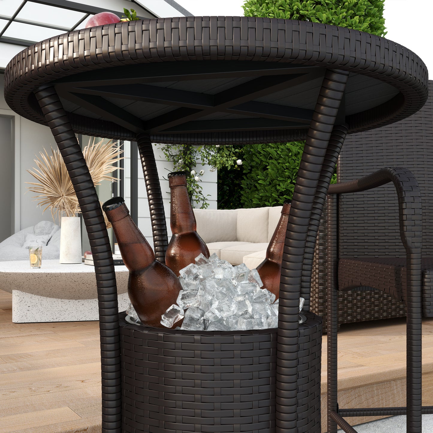 3 Pieces Patio Bar Set, Rattan Bistro Table and Chairs, Outdoor Conversation Furniture Set with Ice Bucket, Dark Brown