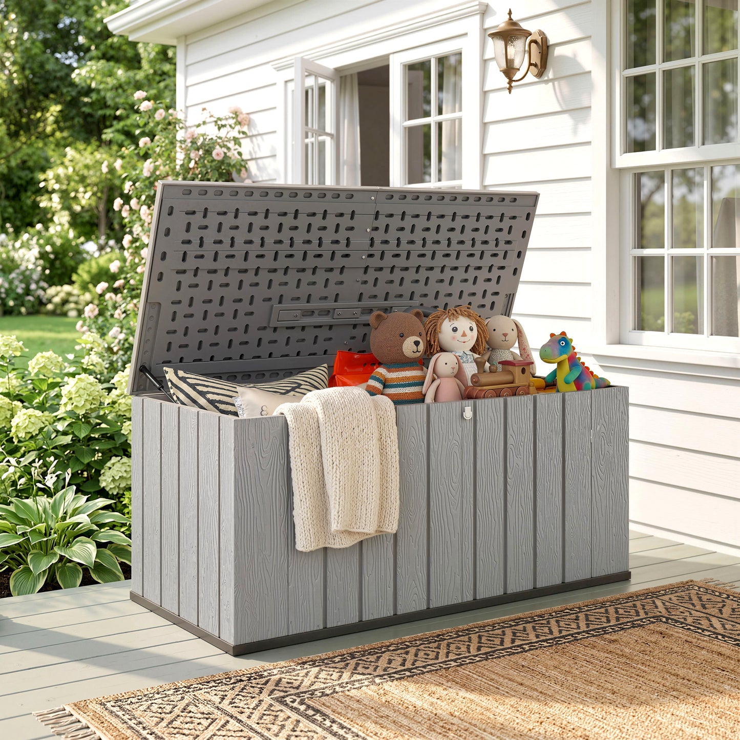 Outdoor Storage Box Large Capacity Deck Box with Lockable Lid Gas Struts for Patio Garden 125.5 gal Grey