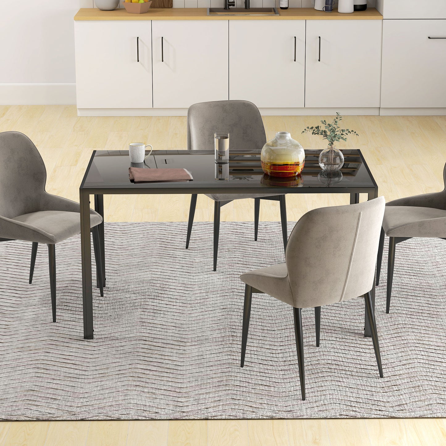 Rectangular Kitchen Table for 4 People, Dining Table with Tabletop Tempered Glass for Dining Room, Living Room, Black
