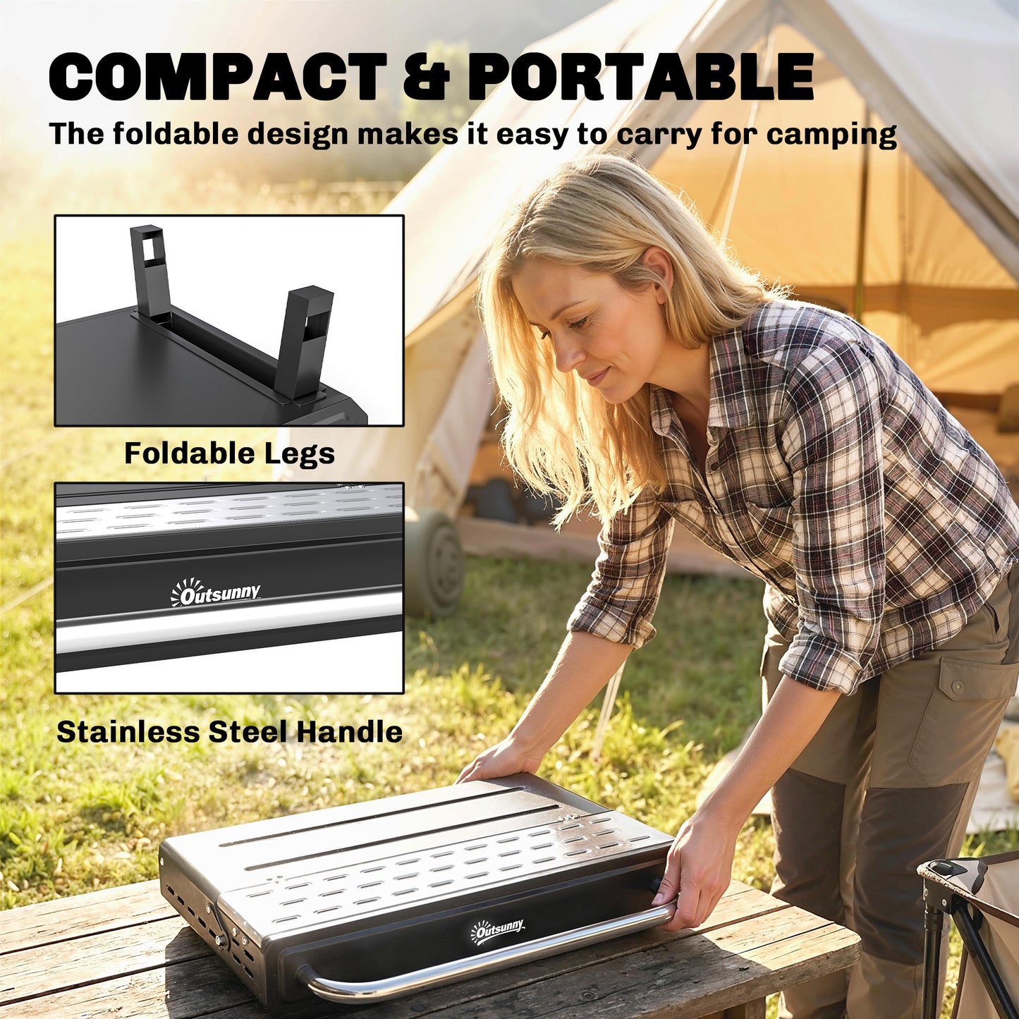 Charcoal BBQ Grill, Portable Barbecue Grill with Adjustable Grates, Foldable Legs, Side Shelf for Camping Travel, Black
