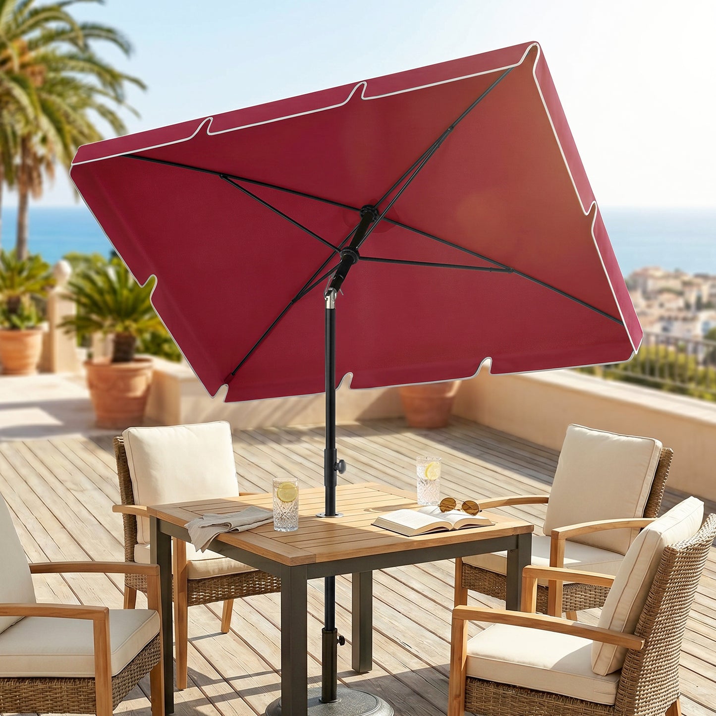 6.5x4ft Rectangle Patio Umbrella Aluminum Tilt Adjustable Garden Parasol Sun Shade Outdoor Canopy Red