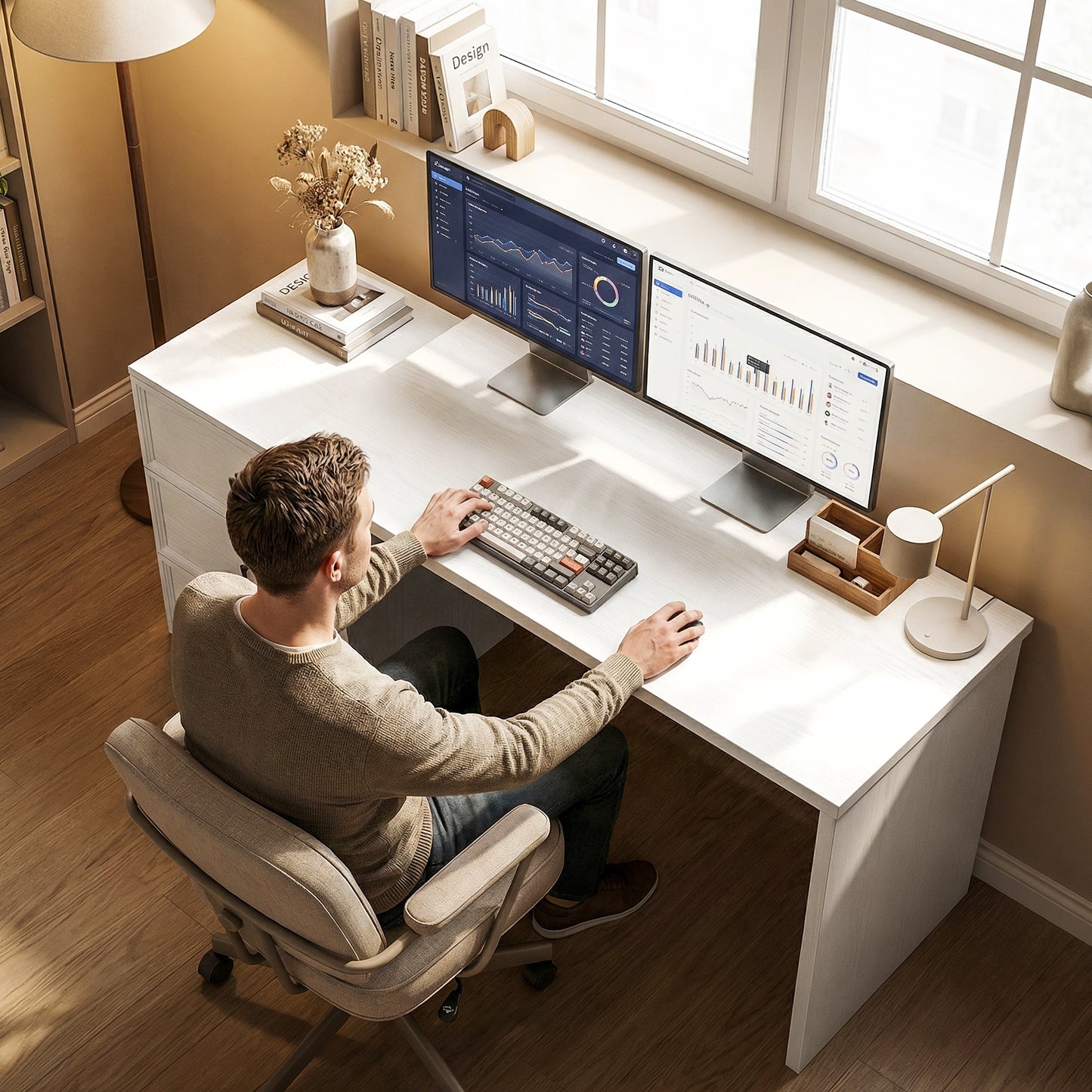 L Shaped Computer Desk Home Office Desk with 3 Drawers White Wood Grain