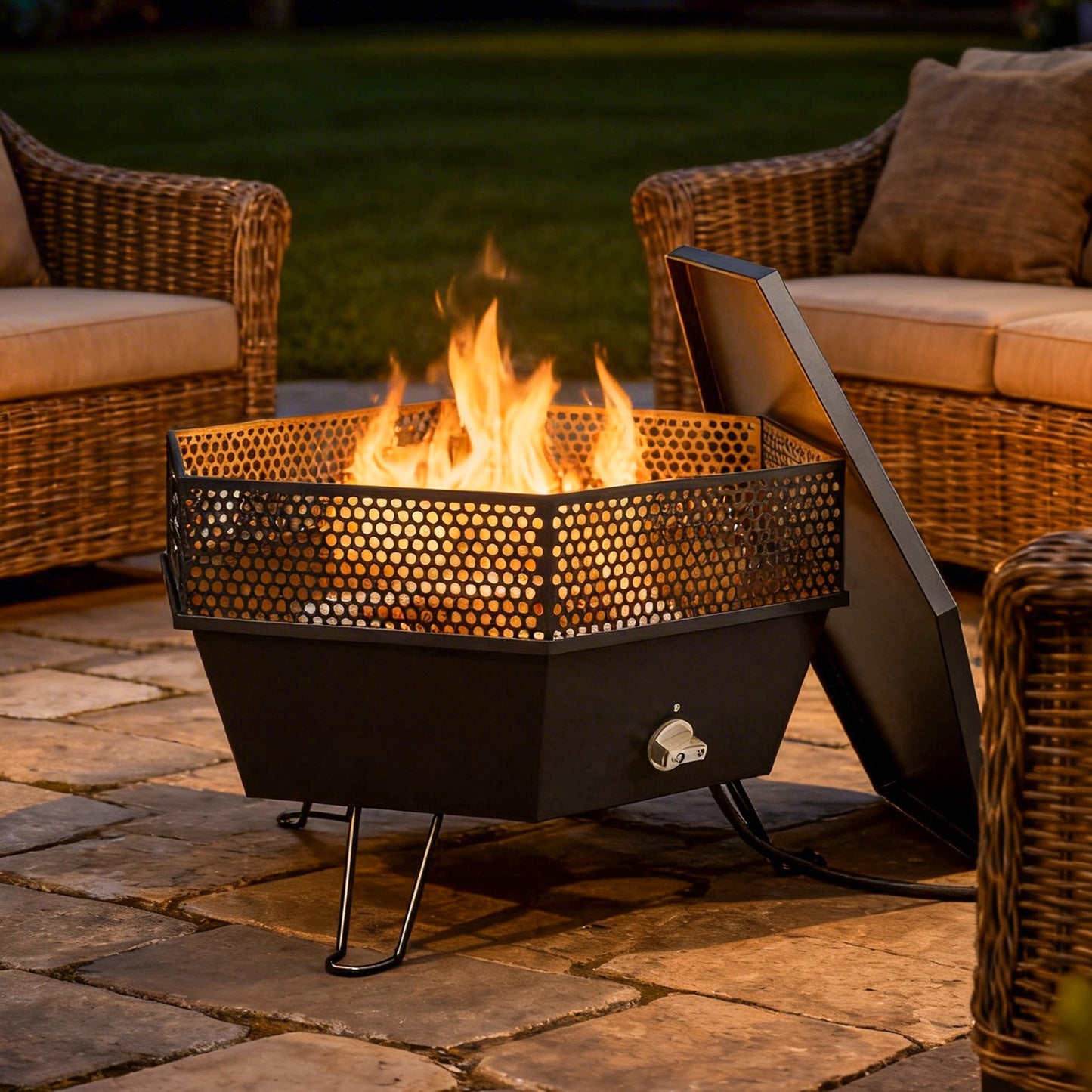 20" Outdoor Fire Pit, Foldable Propane Firepits with Lid, Portable Firepit for Patio Backyard Camping, Black