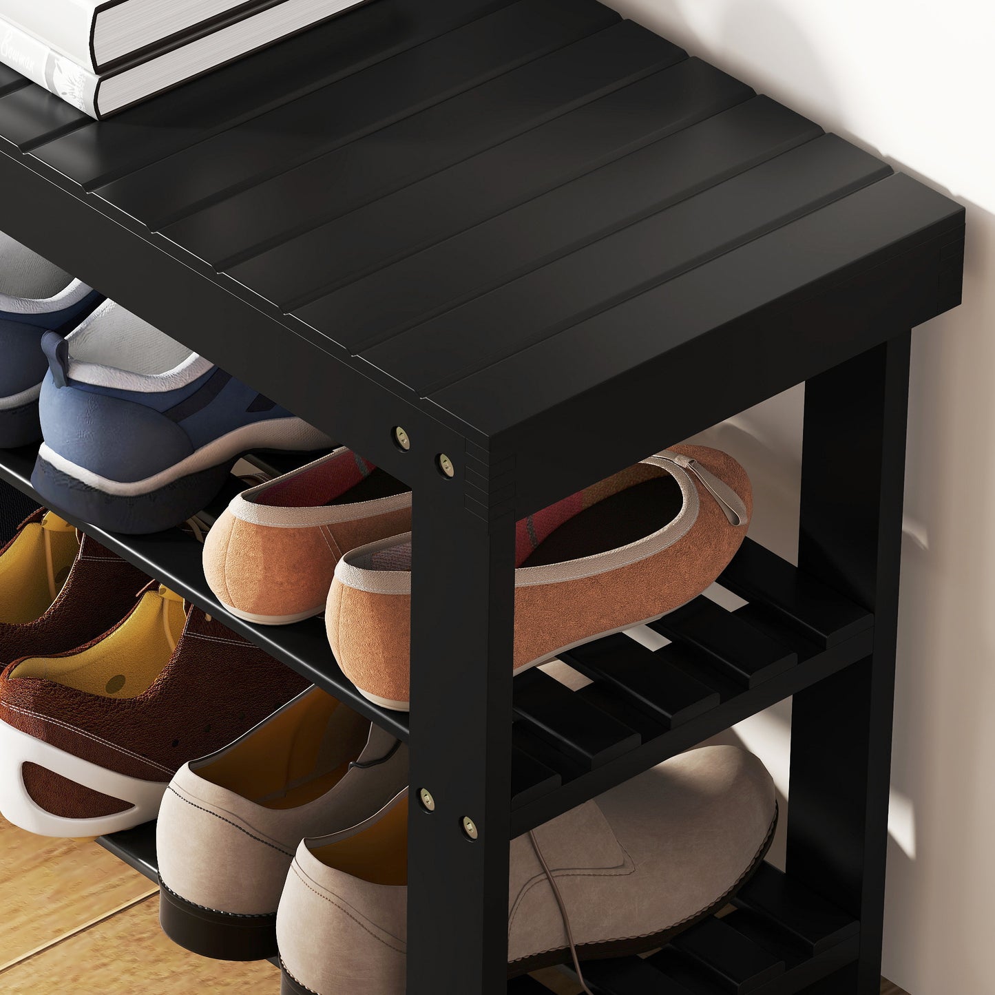 Bamboo Shoe Storage Bench, 3-Tier Entryway Bench with 2 Storage Shelves for Hallway, Holds 6 Pairs, Black