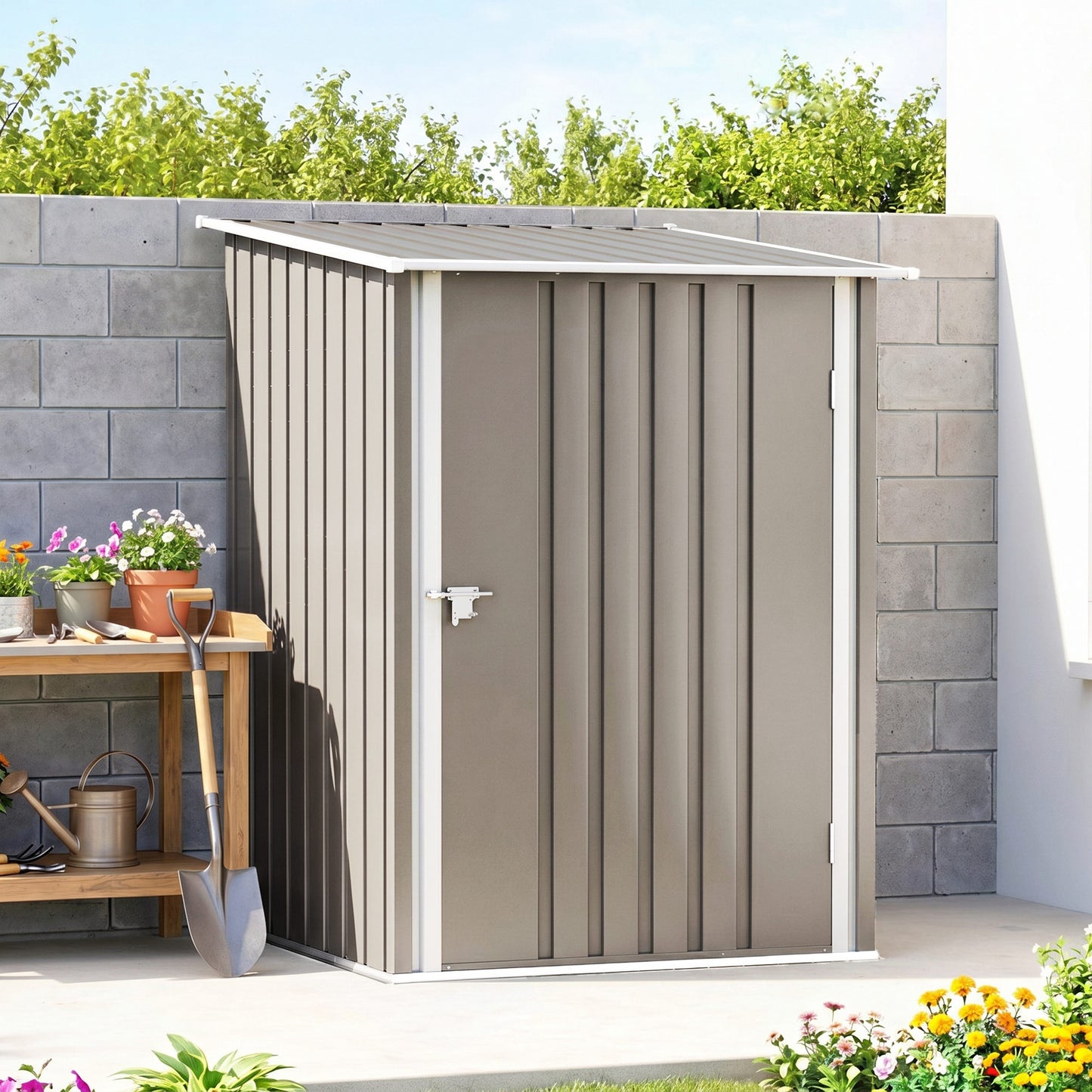 3.3' x 3.4' Lean-to Outdoor Garden Storage Shed, Galvanized Steel with Lockable Door for Patio Brown and White