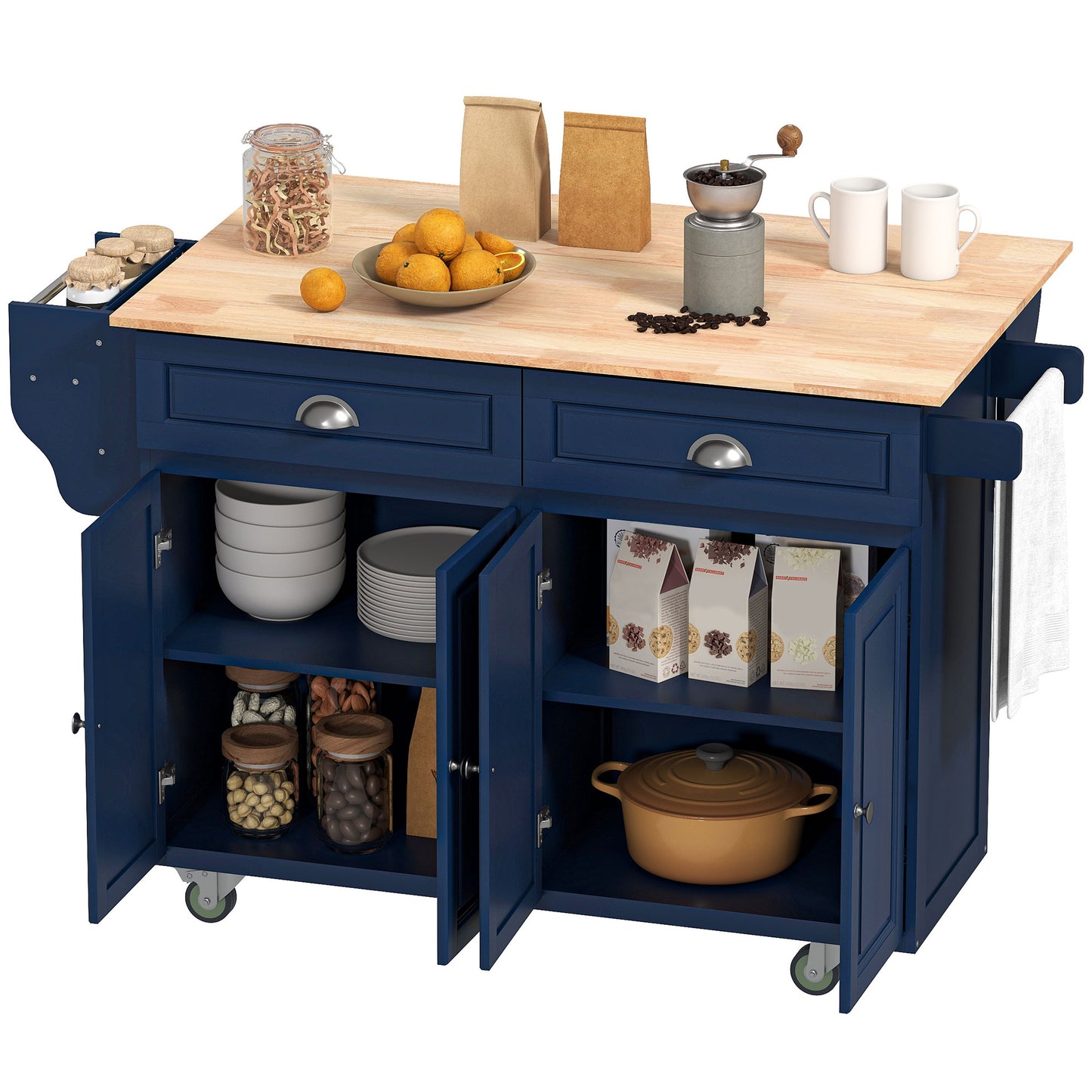 Kitchen Island with Storage, Rolling Kitchen Island with Drop Leaf, Rubber Wood Top and Adjustable Shelves, Navy Blue