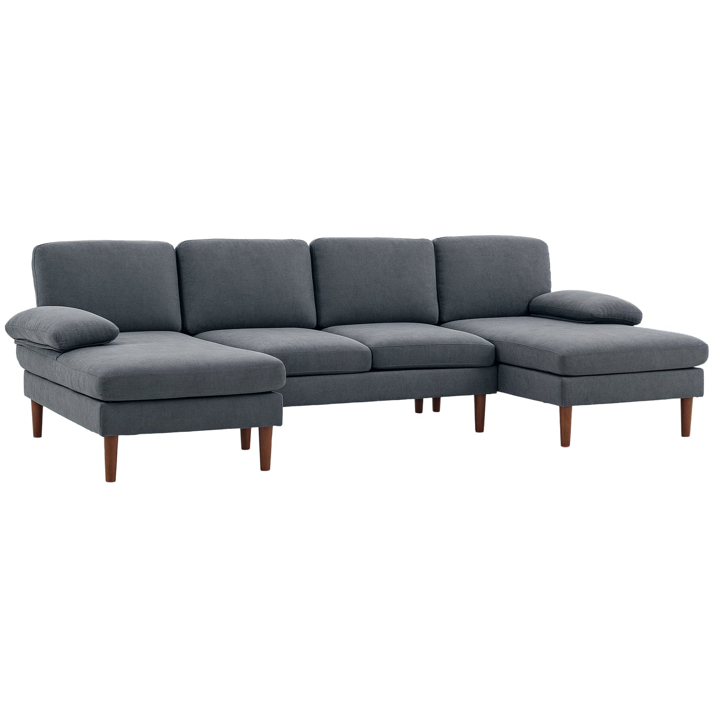 U Shape Couch with Double Chaise Lounge, Modern 4 Seater Sofa with Wooden Legs, Fabric Sofa for Living Room, Dark Grey