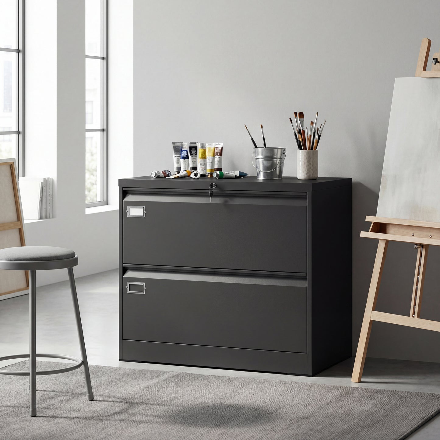 Lateral Filing Cabinet with 2 Drawers, Lockable Steel File Cabinet for A4/Letter/Legal Size Files, Black