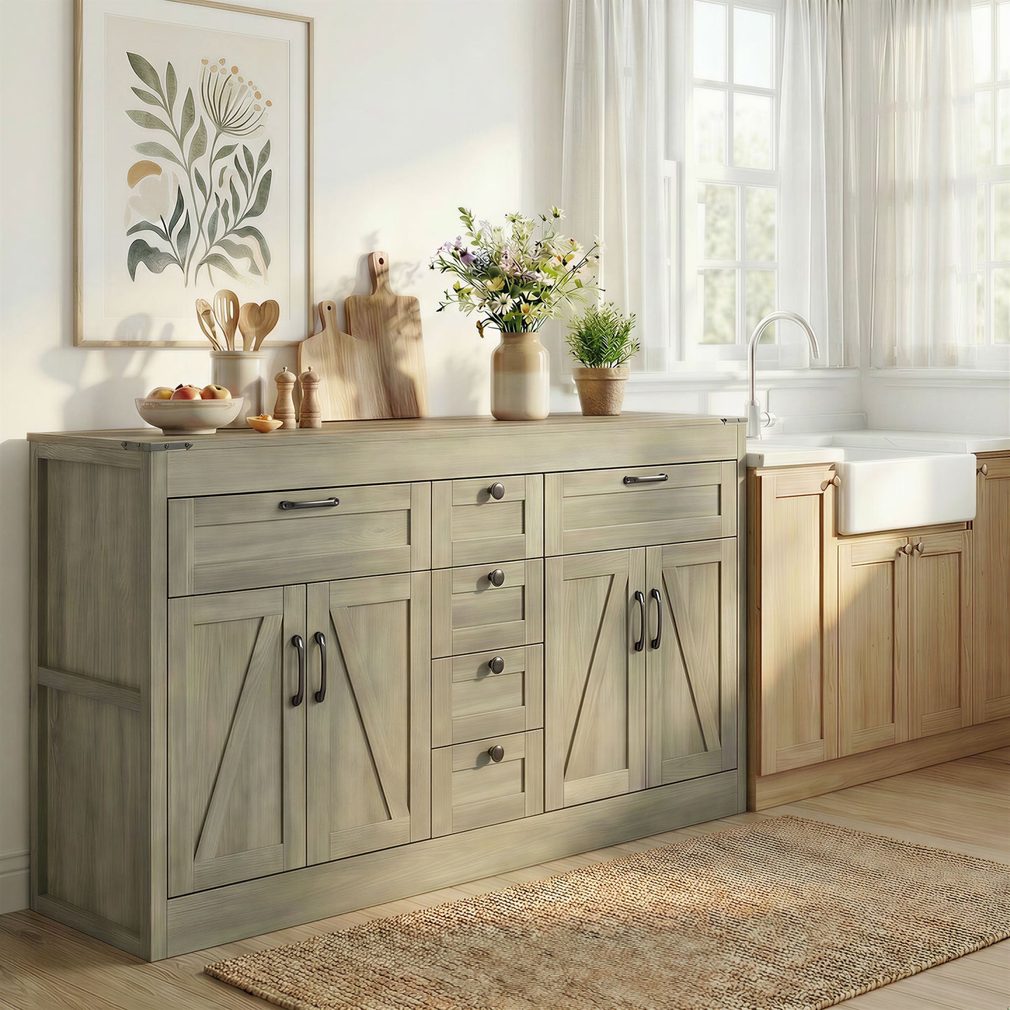 Sideboard Buffet Cabinet, 55" Farmhouse Kitchen Cabinet with 4 Barn Doors, 6 Drawers and 2 Adjustable Shelves, Grey