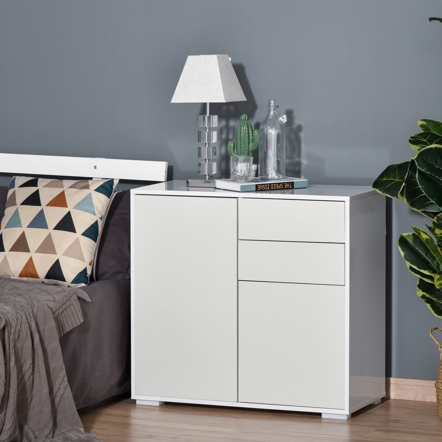 High Gloss Buffet Sideboard with 2 Drawers, 2 Doors and Adjustable Shelf, Kitchen Storage Cabinet with Push Open Design, White