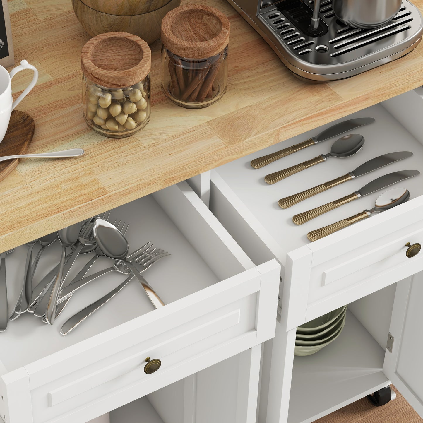 Kitchen Island with Storage, Rolling Trolley Cart with Rubber Wood Top, Spice Rack, Towel Rack, Cream White