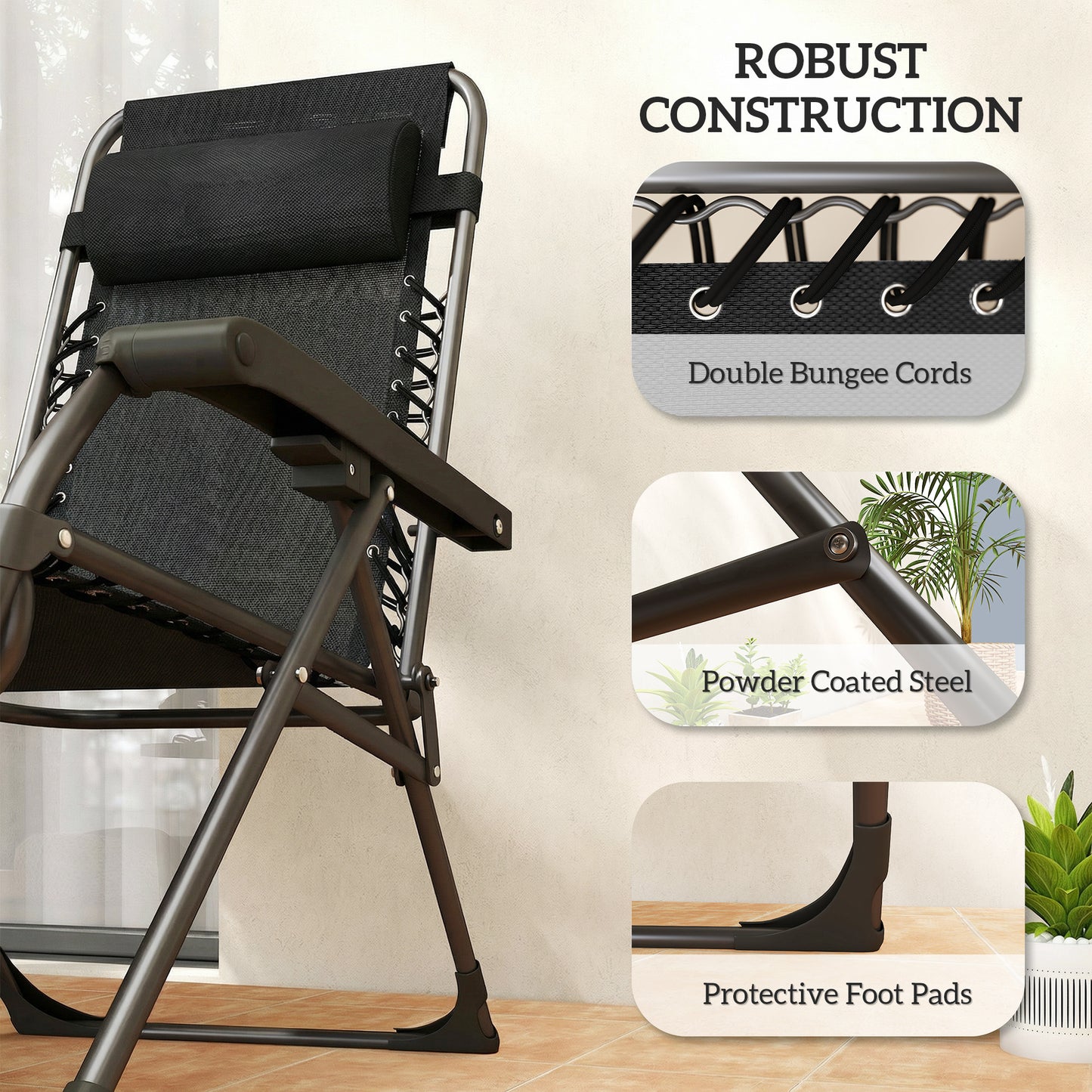 Zero Gravity Chair Set of 2, Folding Reclining Outdoor Lounge Chair with Cup Holder, Headrest, Black