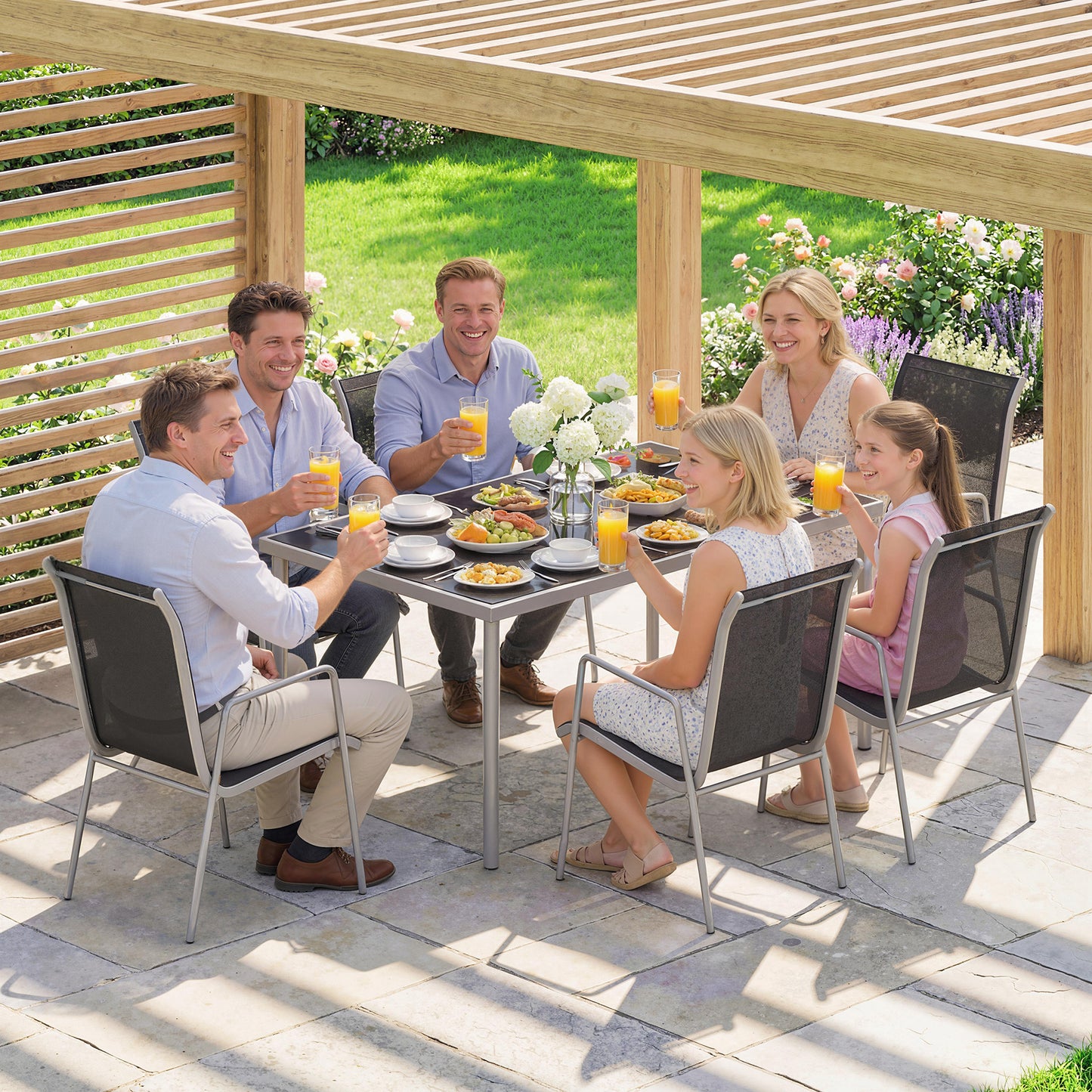 7 Piece Garden Dining Set, Garden Furniture Set with Rectangle Table and 6 Stackable Chairs