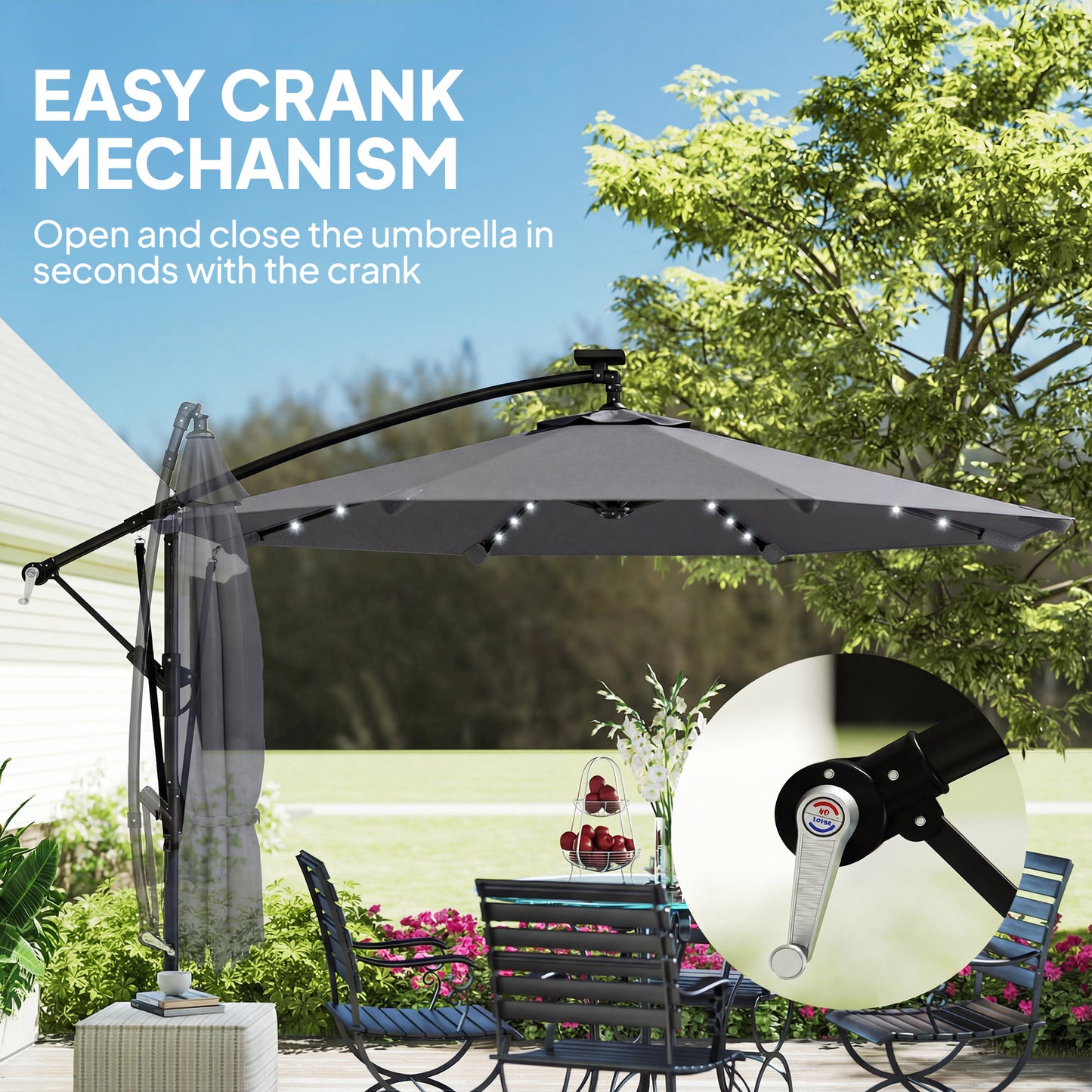 9.7ft Solar LED Cantilever Patio Umbrella with 32 LED Lights, Cross Base, Crank Handle, for Poolside, Deck, Dark Grey