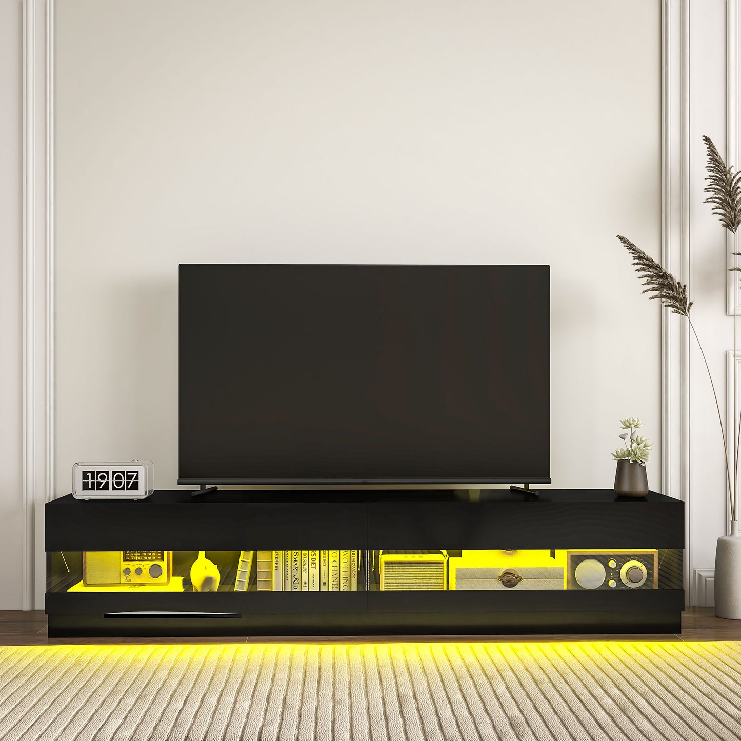 Lighted TV Stand for TVs up to 75", TV Cabinet with Storage for Living Room, High Gloss Black