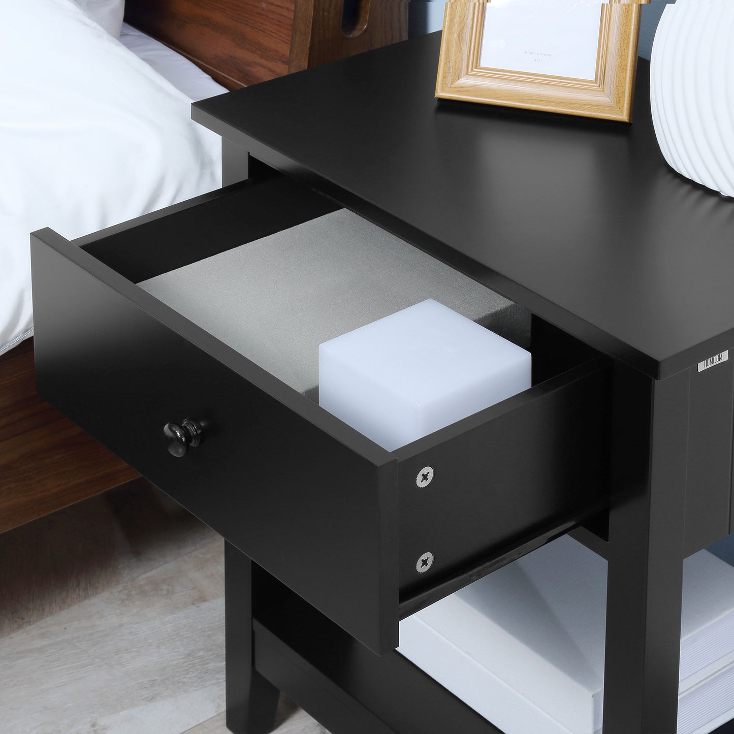 Modern Style Nightstand, Small End Table with Drawer and Storage Shelf for Bedroom, Living Room, Black