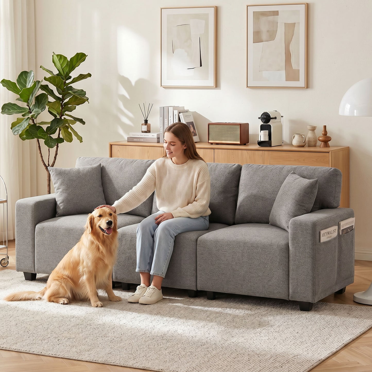 3 Seater Sofa with Storage Pockets, Modern Upholstered Couch with Pocket Springs, Grey