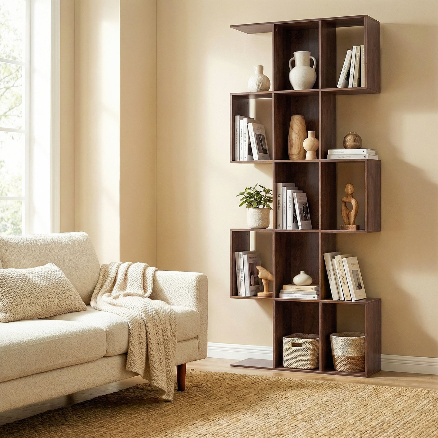 5-Tier Bookshelf, S Shaped Geometric Bookcase with 15 Compartments, Brown Wood Grain