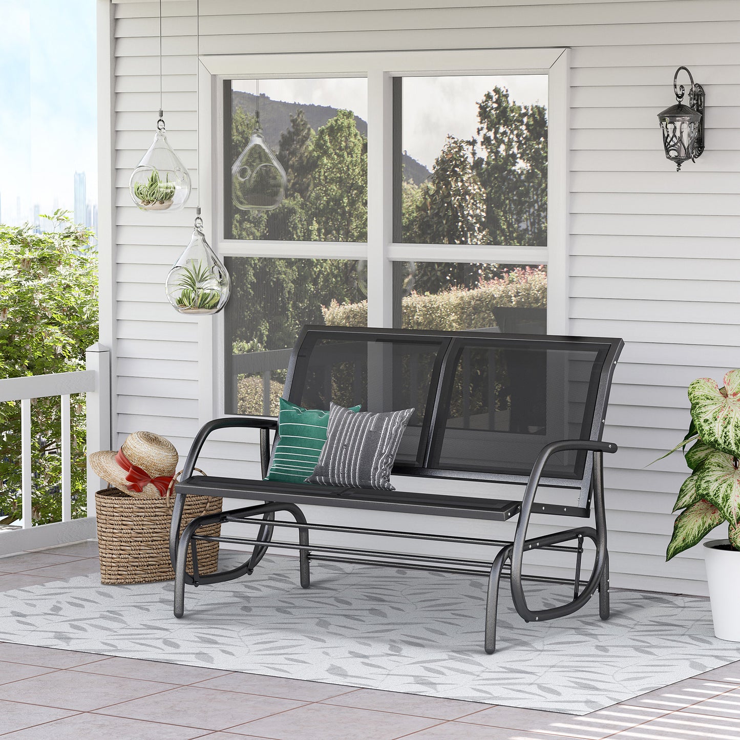 Patio Double Glider Bench Swing Chair Rocker Heavy-Duty Loveseat Outdoor Garden Rocking Bench Steel Frame Sling Fabric Seat Black
