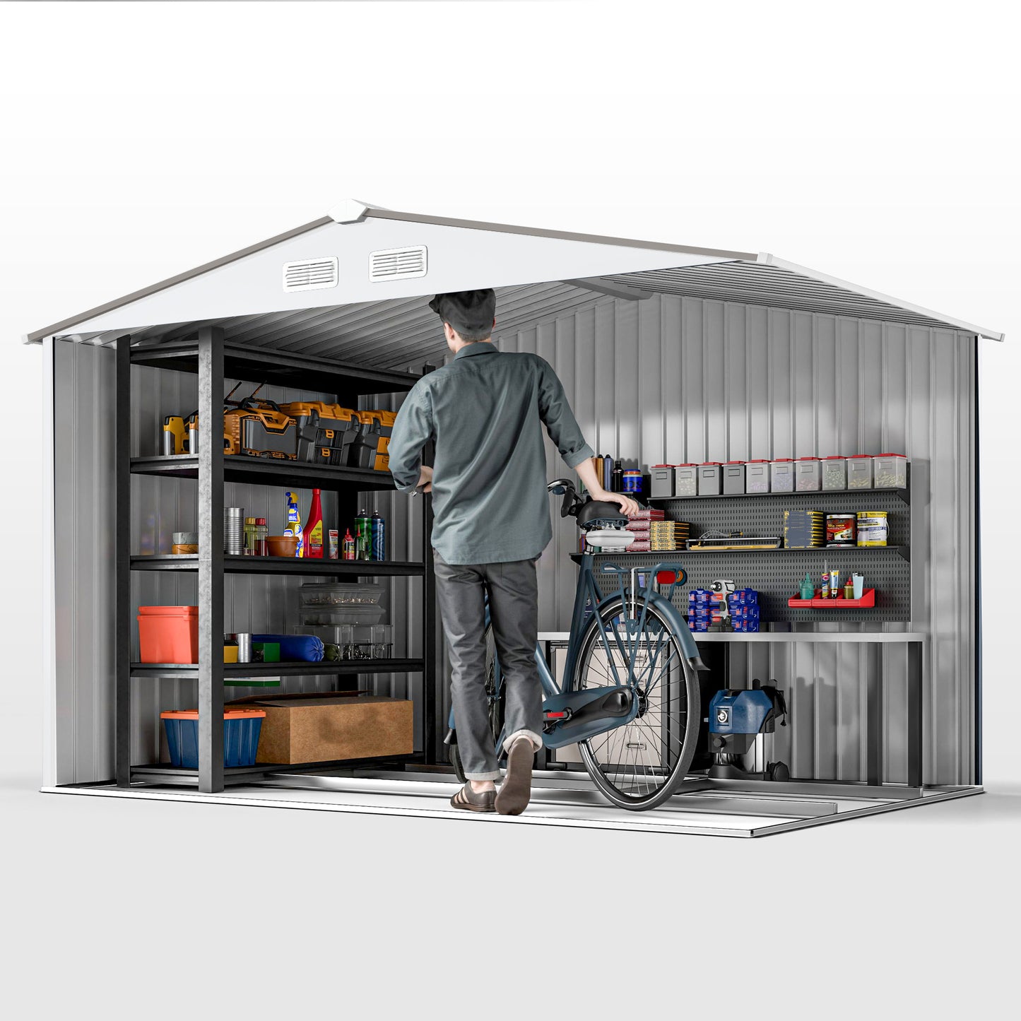 9.1' x 6.4' x 6.3' Garden Storage Shed w/ Foundation Kit Metal Tool Storage House w/ Double Doors Silver