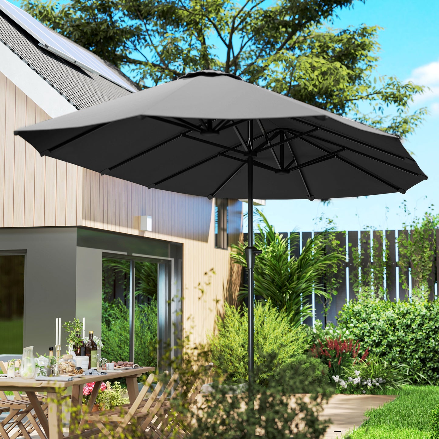 13ft Double-Sided Patio Umbrella with Crank Handle, for Poolside, Deck, Garden, Dark Grey