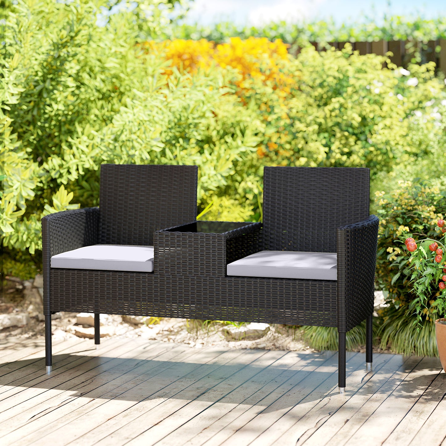 Patio Furniture w/ Mid-Table PE Rattan Loveseat w/ Cushion, Light Grey